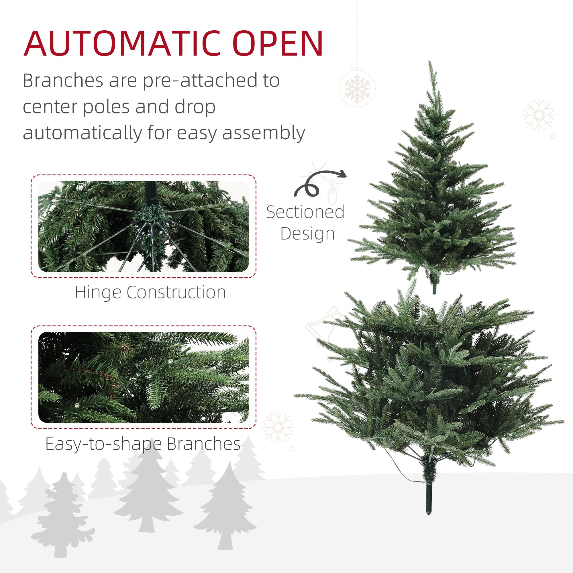 5ft Prelit Christmas Tree with 542 Tips, Warm White LED Lights and Steel Base, Hinged Artificial Xmas Tree, Automatic Open, Green