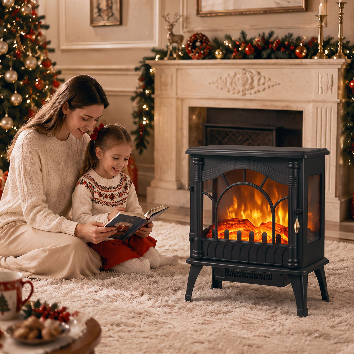 Electric Fireplace 1000W/2000W, Freestanding Decorative Heater with Adjustable Temperature, Low Energy Consumption, Overheat Protection, 3D Flame Effect for Living Room, 161-323 sq ft, Black