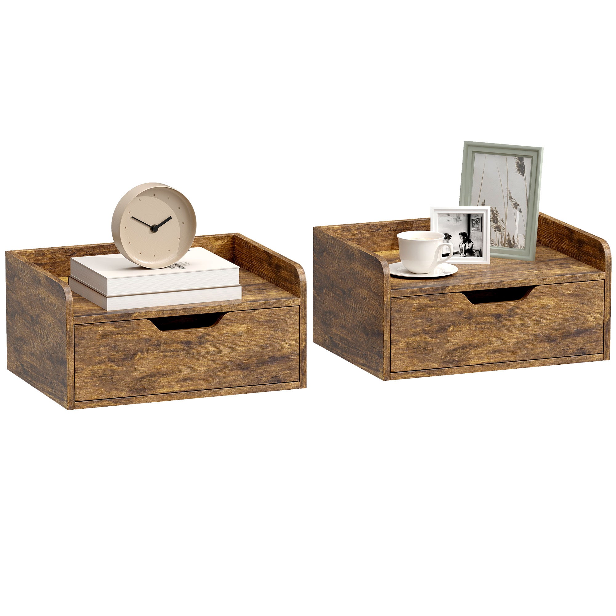 Floating Nightstands Set of 2, Wall Mounted Bedside Table with Storage Drawer for Bedroom, Rustic Brown