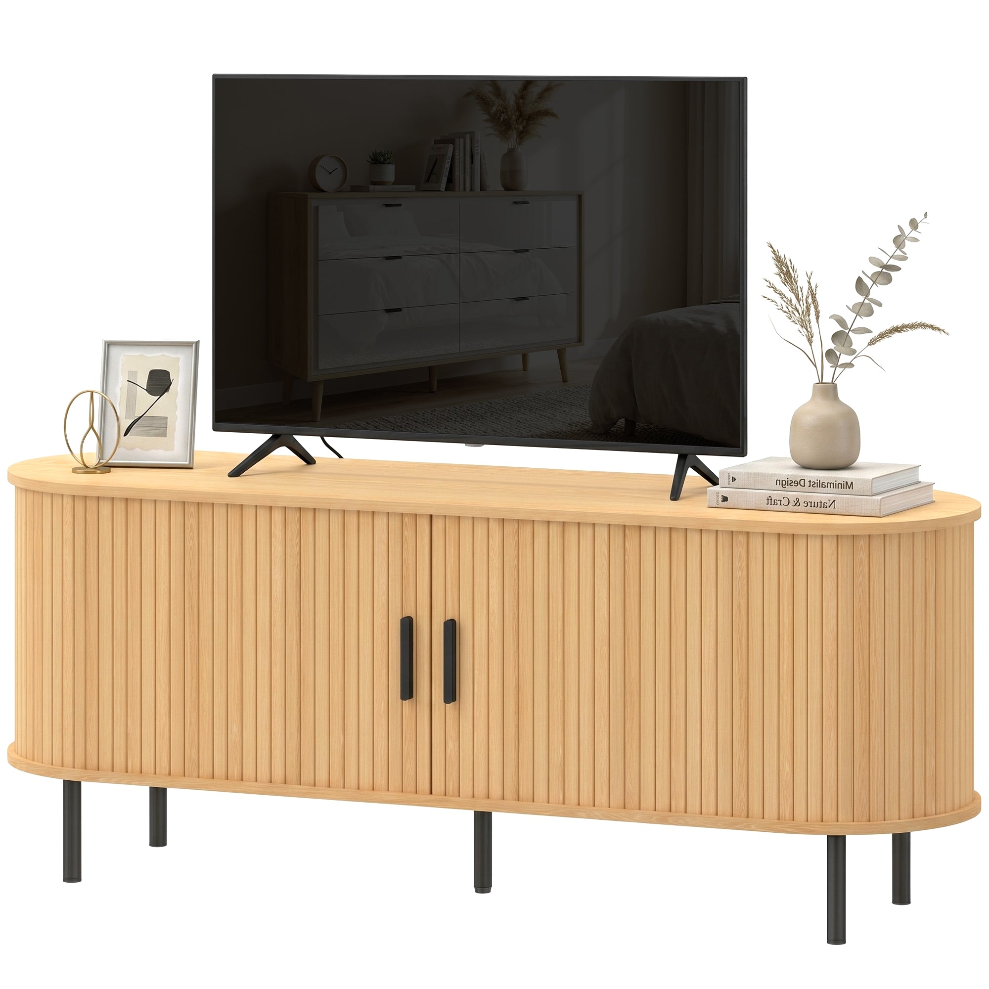 TV Stand for TVs up to 60", Modern Entertainment Center with Curved Sliding Doors, Media Console with 6 Storage Compartments, Natural Wood