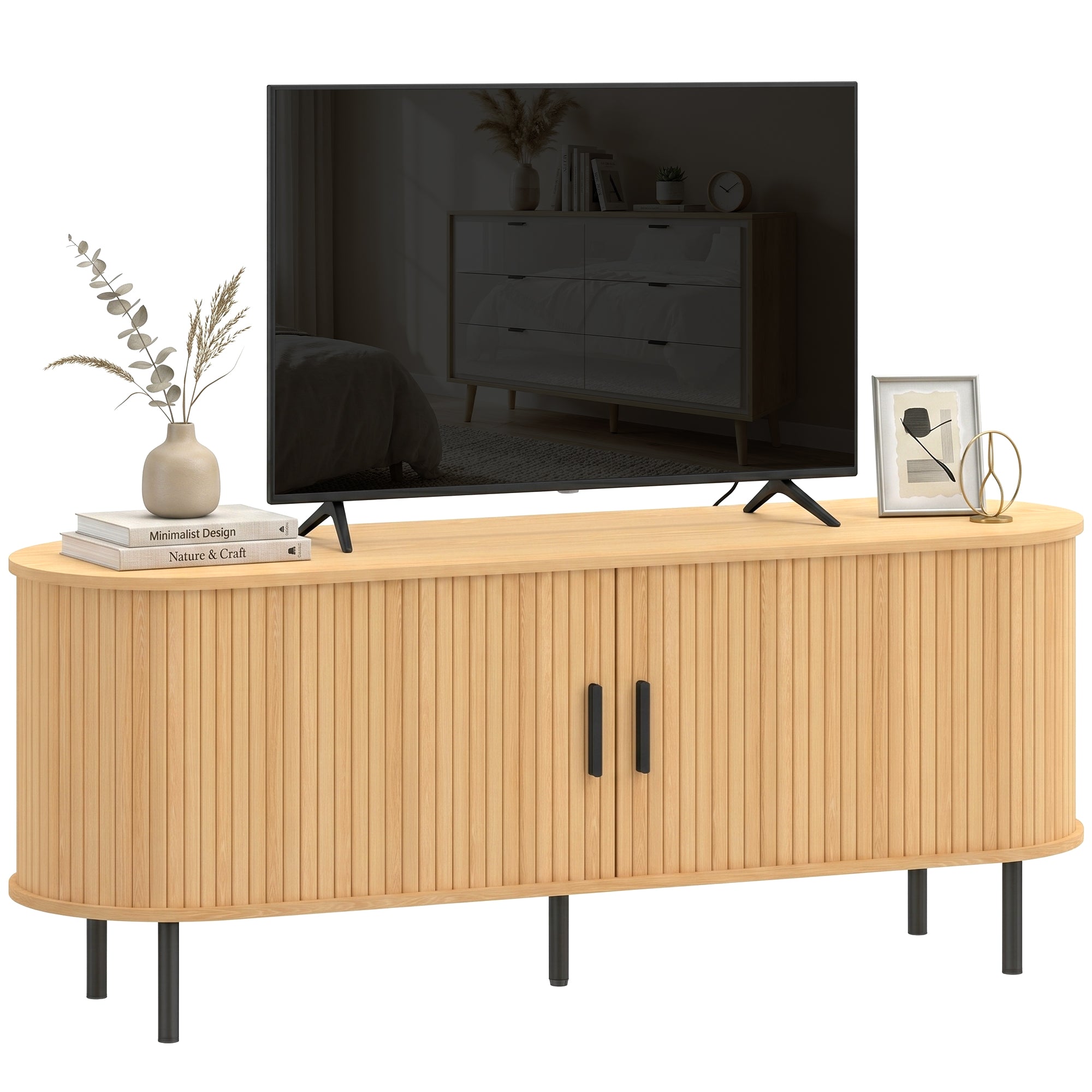 TV Stand for TVs up to 60", Modern Entertainment Center with Curved Sliding Doors, Media Console with 6 Storage Compartments, Natural Wood
