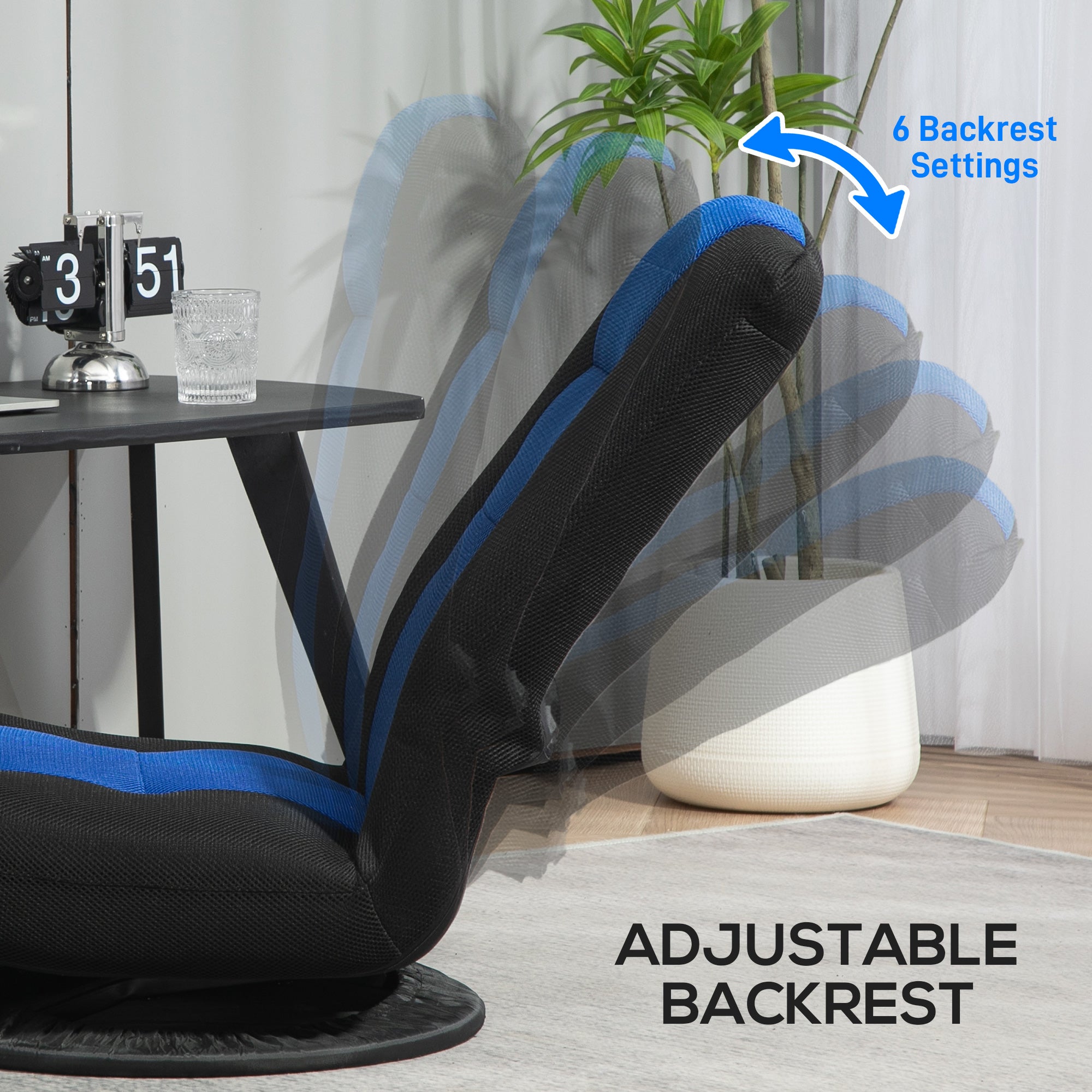 HOMCOM Folding Floor Chair for Adults Teens, 360 Degree Swivel Gaming Chair, 6 Positions Adjustable Lazy Sofa Chair with Padded Backrest for Reading, Gaming, Meditation, Blue