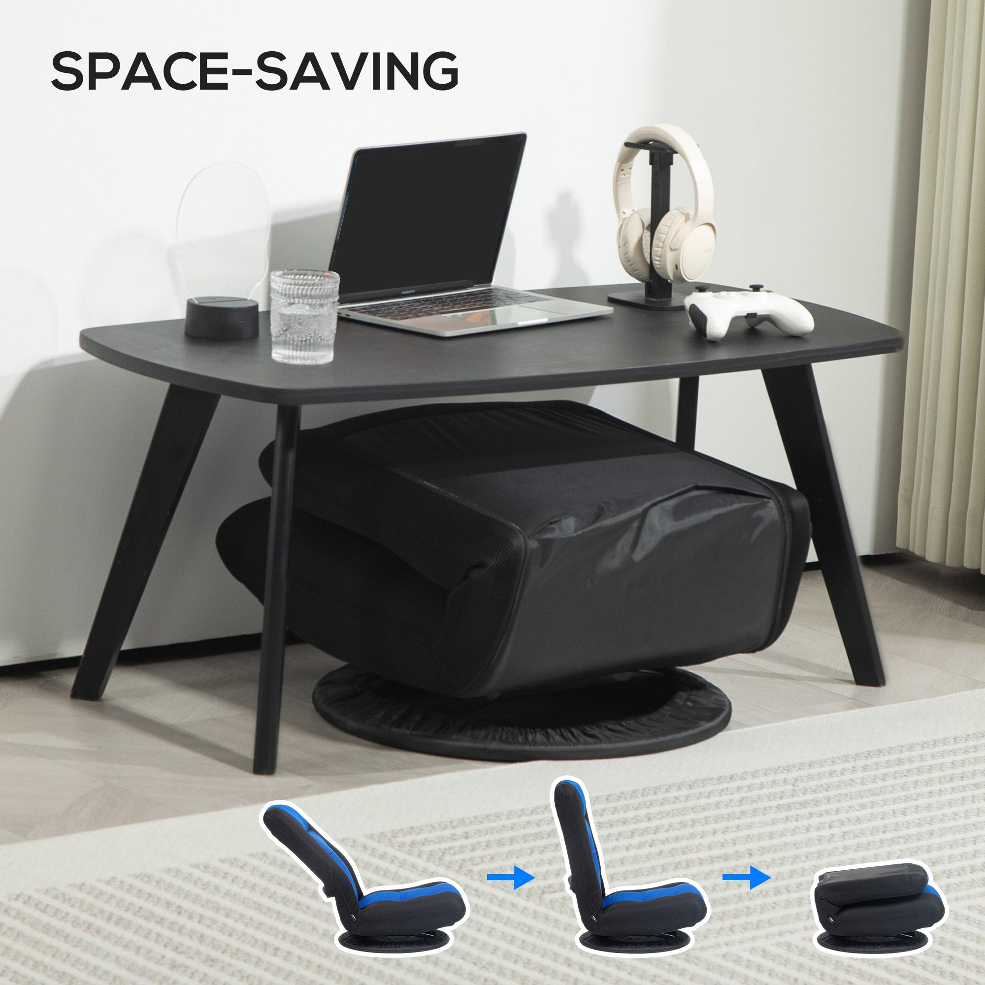 HOMCOM Folding Floor Chair for Adults Teens, 360 Degree Swivel Gaming Chair, 6 Positions Adjustable Lazy Sofa Chair with Padded Backrest for Reading, Gaming, Meditation, Blue