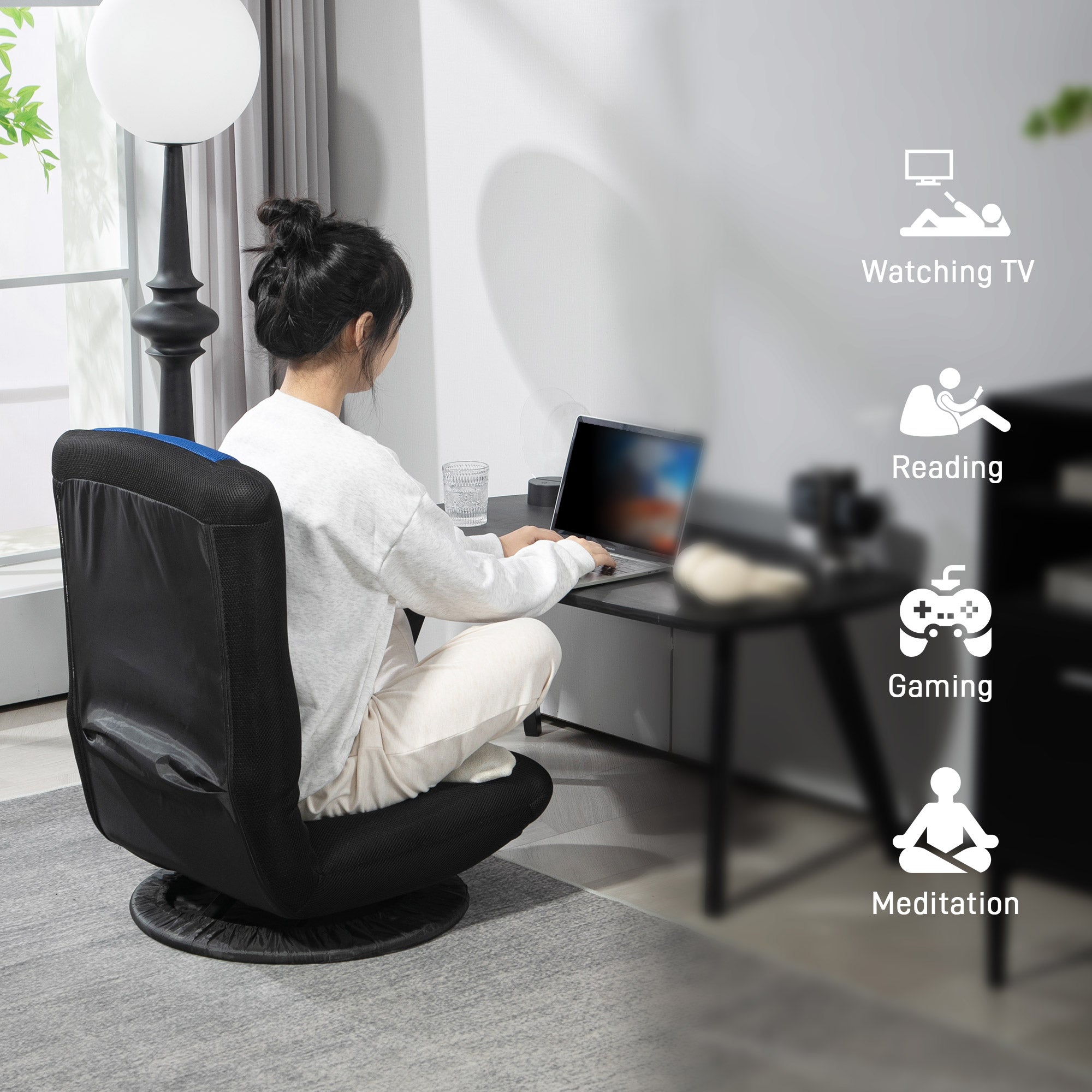 HOMCOM Folding Floor Chair for Adults Teens, 360 Degree Swivel Gaming Chair, 6 Positions Adjustable Lazy Sofa Chair with Padded Backrest for Reading, Gaming, Meditation, Blue