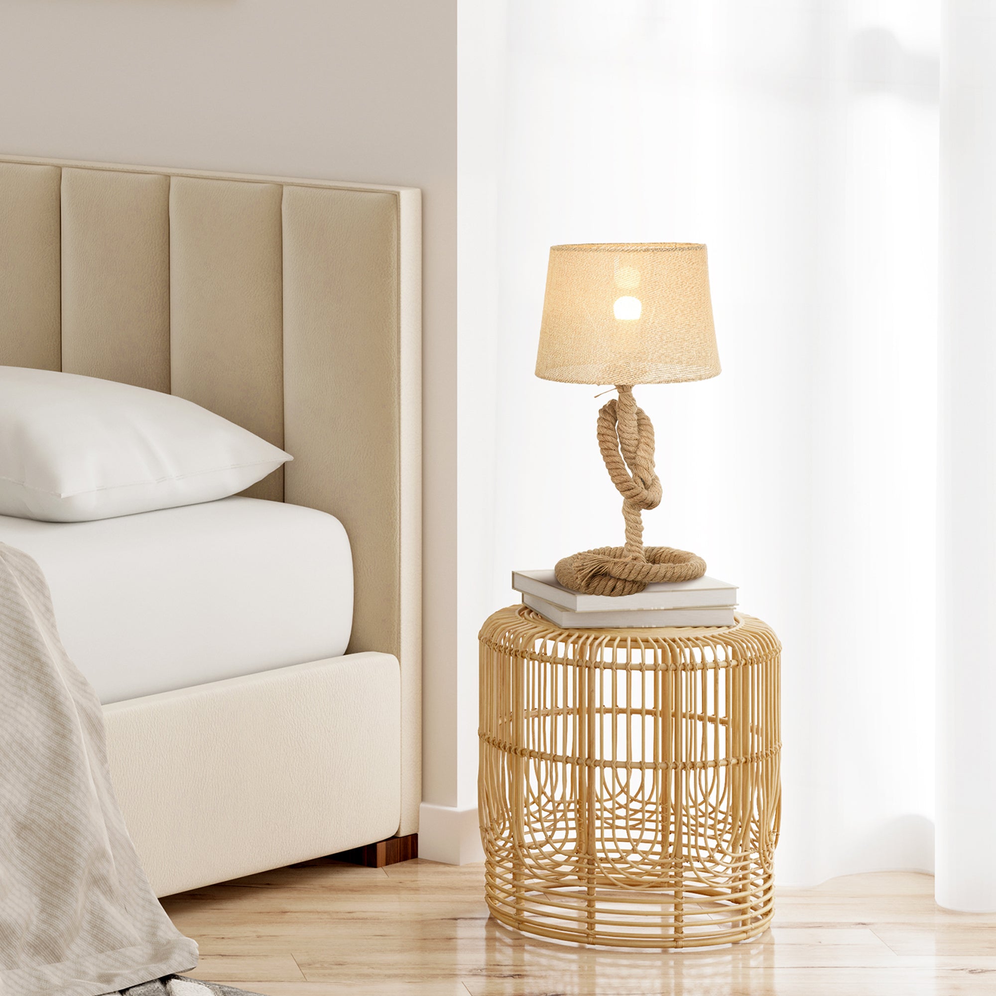 Nautical Style Table Lamp with Fabric Lampshade Metal Frame Power Switch, 48cm Home Desk Lamp Bedroom Living Room Study E27 Base, Beige