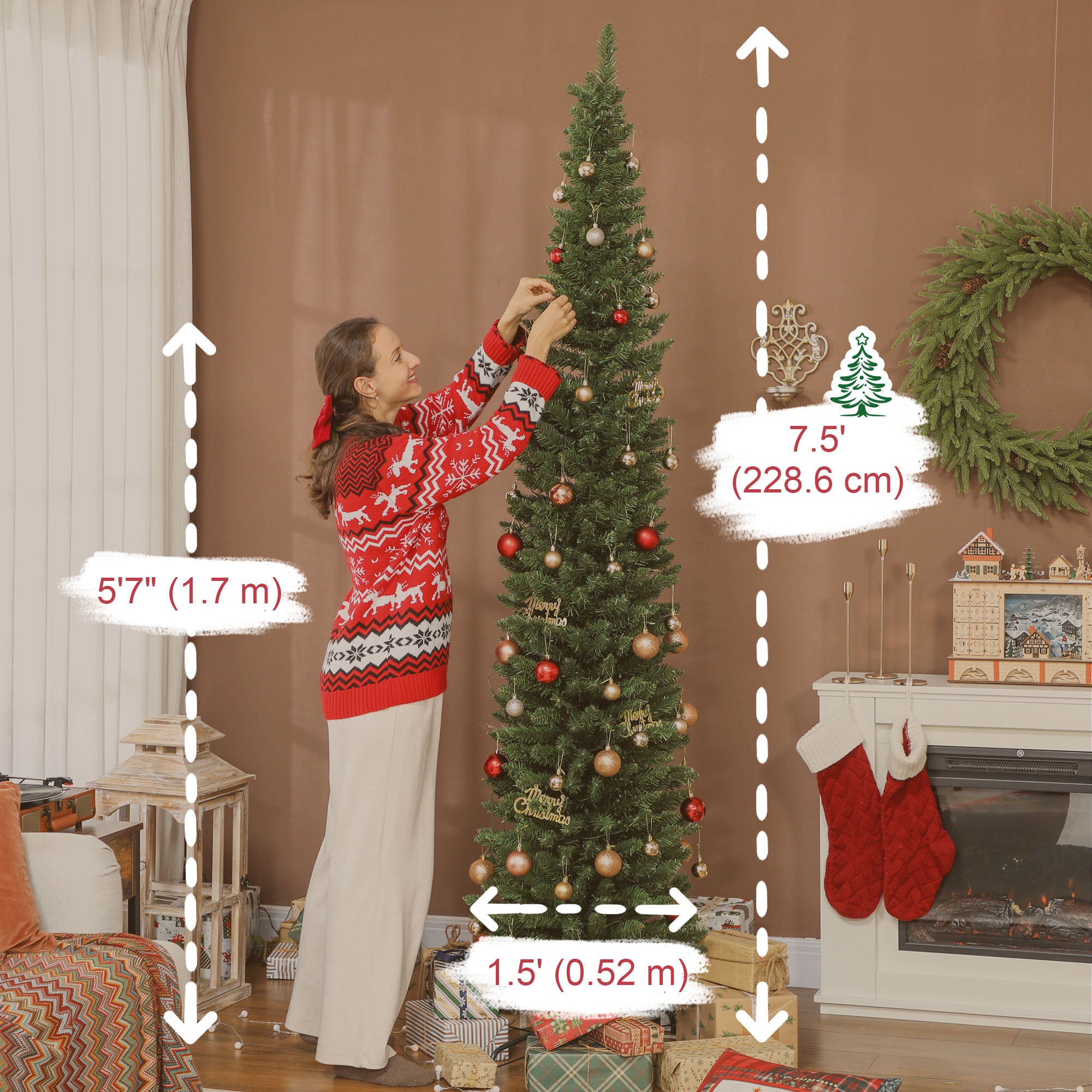 7.5ft Prelit Christmas Tree with Colourful DIY Synchronized LED Lights, Hinged Pencil Xmas Tree with Remote, 12 Modes, Daily Timer, Adjustable Brightness and Speed, Green