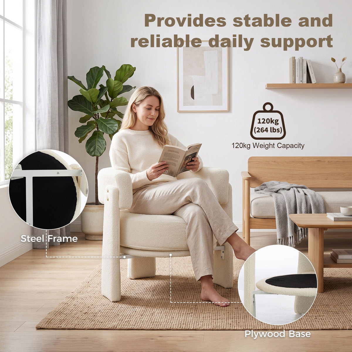 Sherpa Accent Chair, Upholstered Armchair, Nordic Living Room Chair with Lumbar Pillow, Padded Armrests and Thick Cushion, Cream White