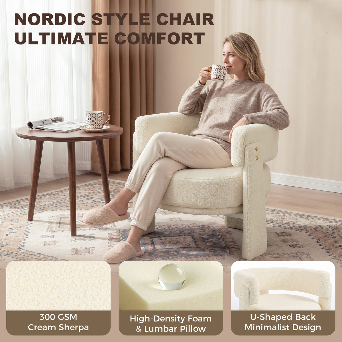 Sherpa Accent Chair, Upholstered Armchair, Nordic Living Room Chair with Lumbar Pillow, Padded Armrests and Thick Cushion, Cream White