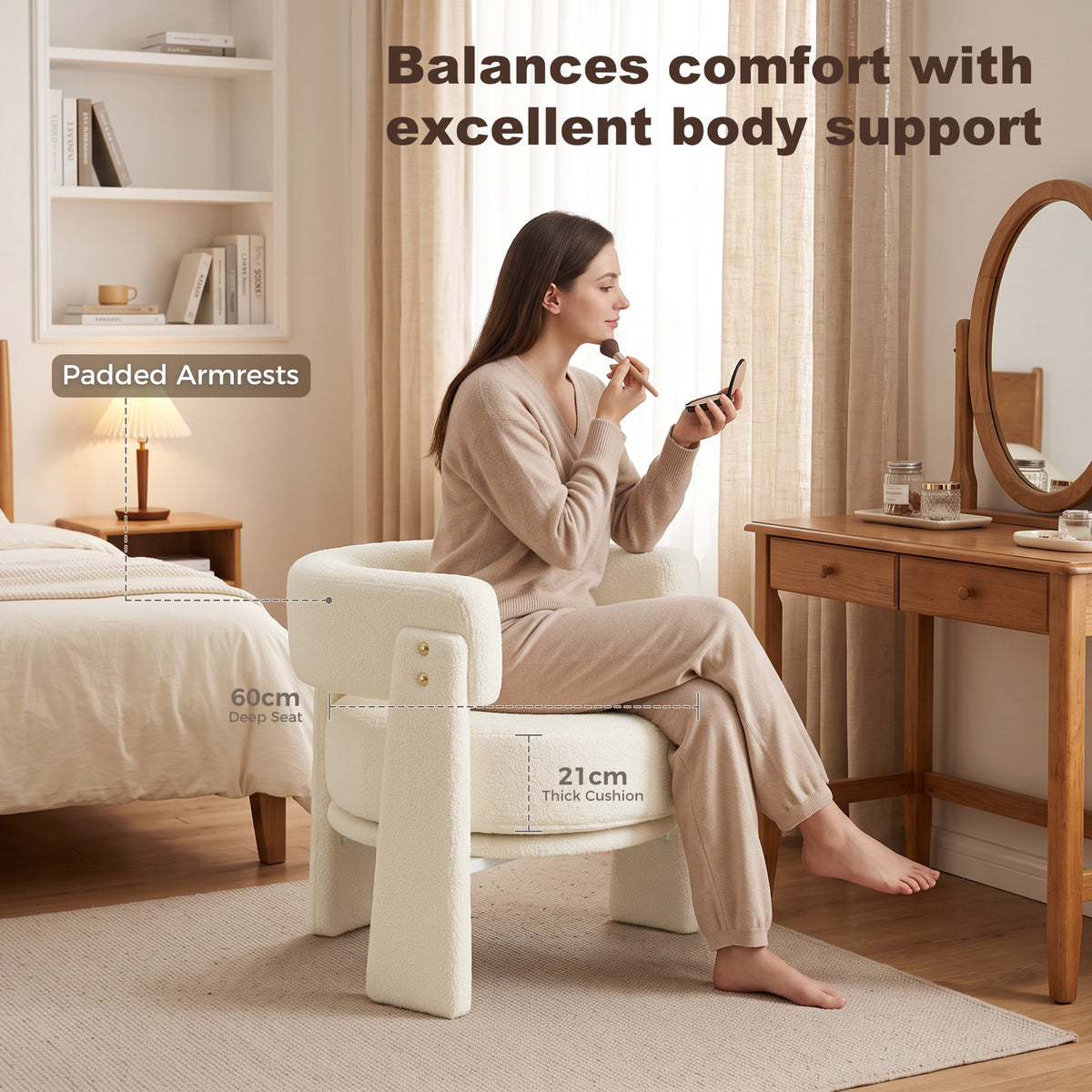 Sherpa Accent Chair, Upholstered Armchair, Nordic Living Room Chair with Lumbar Pillow, Padded Armrests and Thick Cushion, Cream White