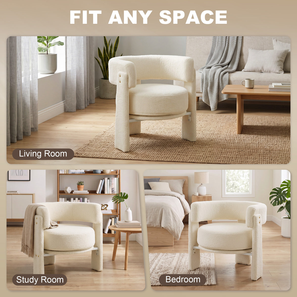 Sherpa Accent Chair, Upholstered Armchair, Nordic Living Room Chair with Lumbar Pillow, Padded Armrests and Thick Cushion, Cream White