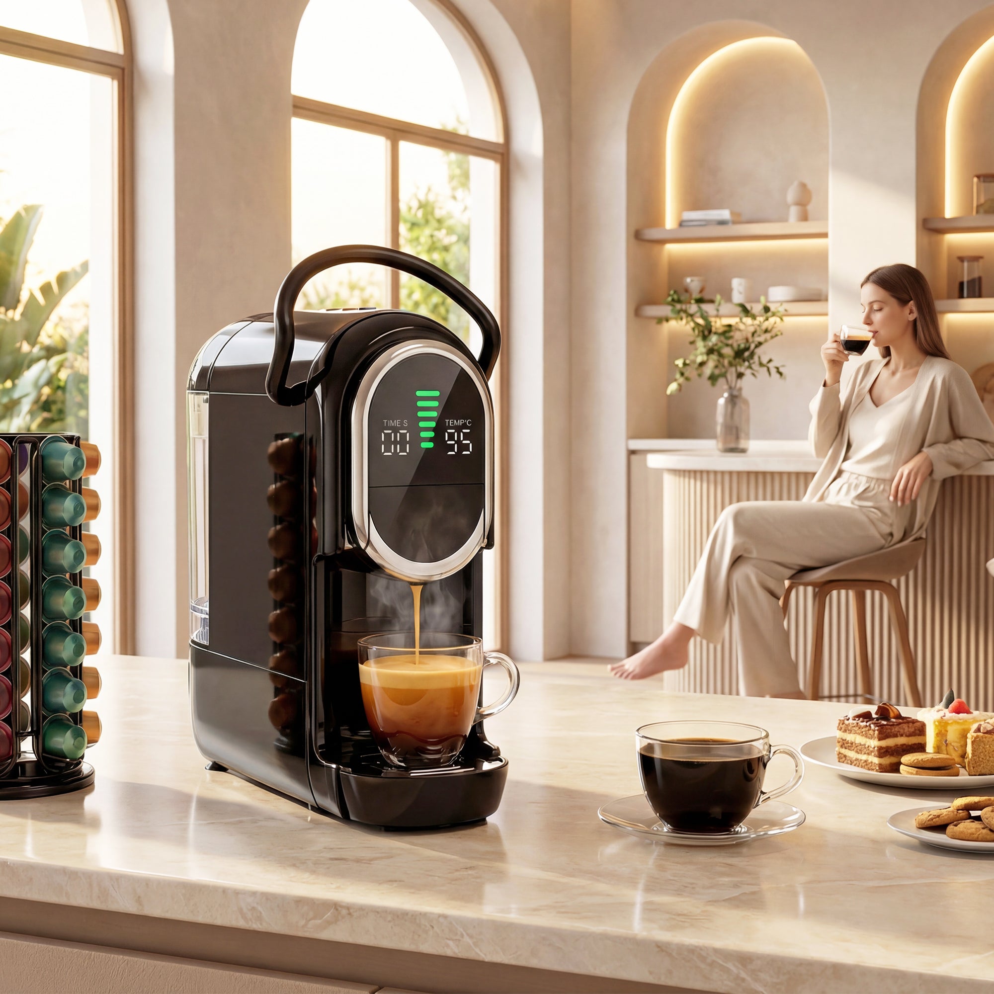 Pod Coffee Machine for Nespresso Original, Dolce Gusto Capsule and Ground Coffee, Small Semi Automatic Coffee Maker with 19 Bar Pump and 0.6L Water Tank for Home Office, Black