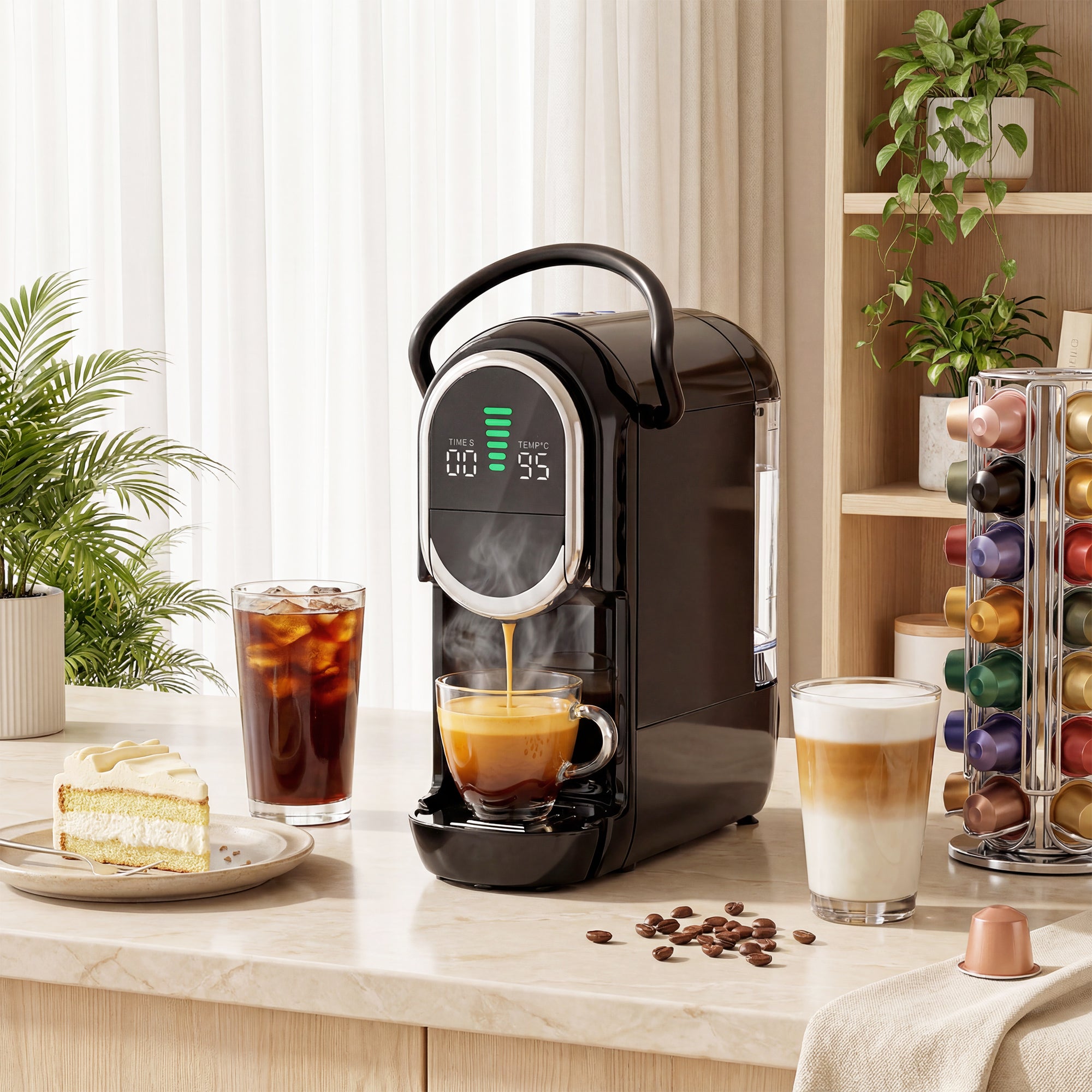 Pod Coffee Machine for Nespresso Original, Dolce Gusto Capsule and Ground Coffee, Small Semi Automatic Coffee Maker with 19 Bar Pump and 0.6L Water Tank for Home Office, Black