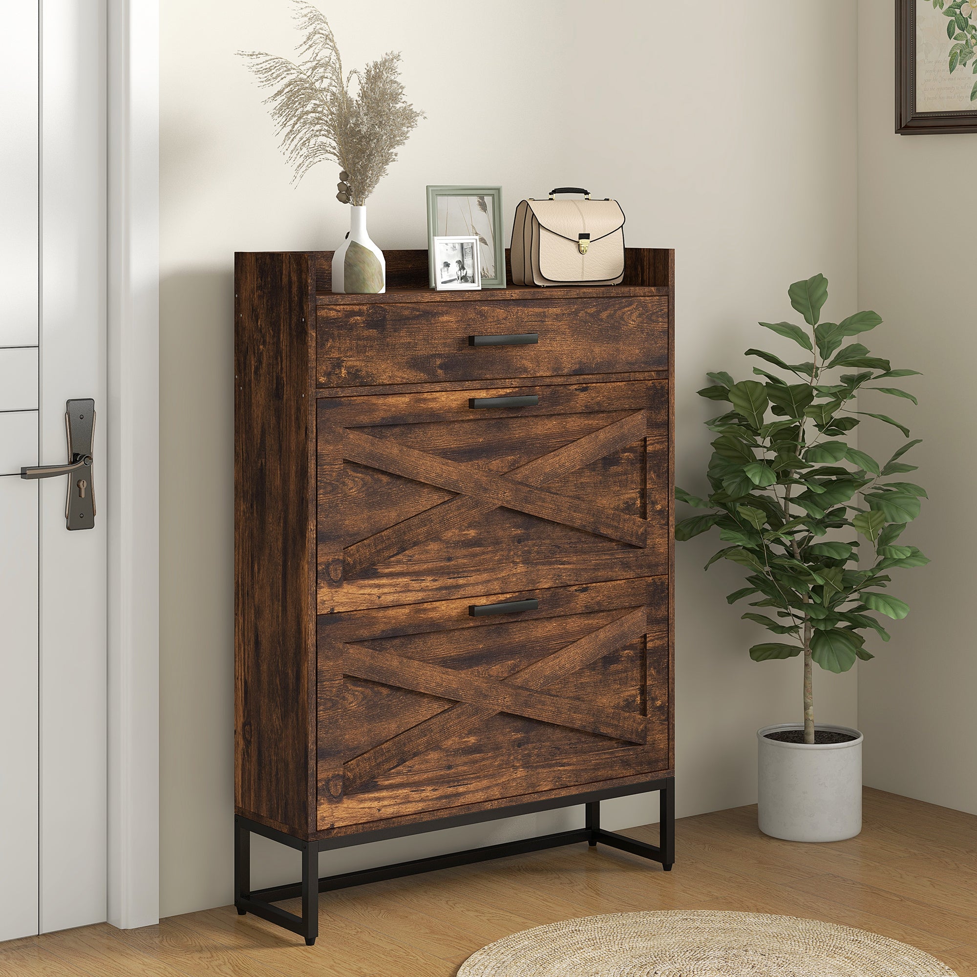Slim Shoe Storage Cabinet w/ 2 Drawers & Adjustable Shelves for 12 Pairs, Rustic Brown