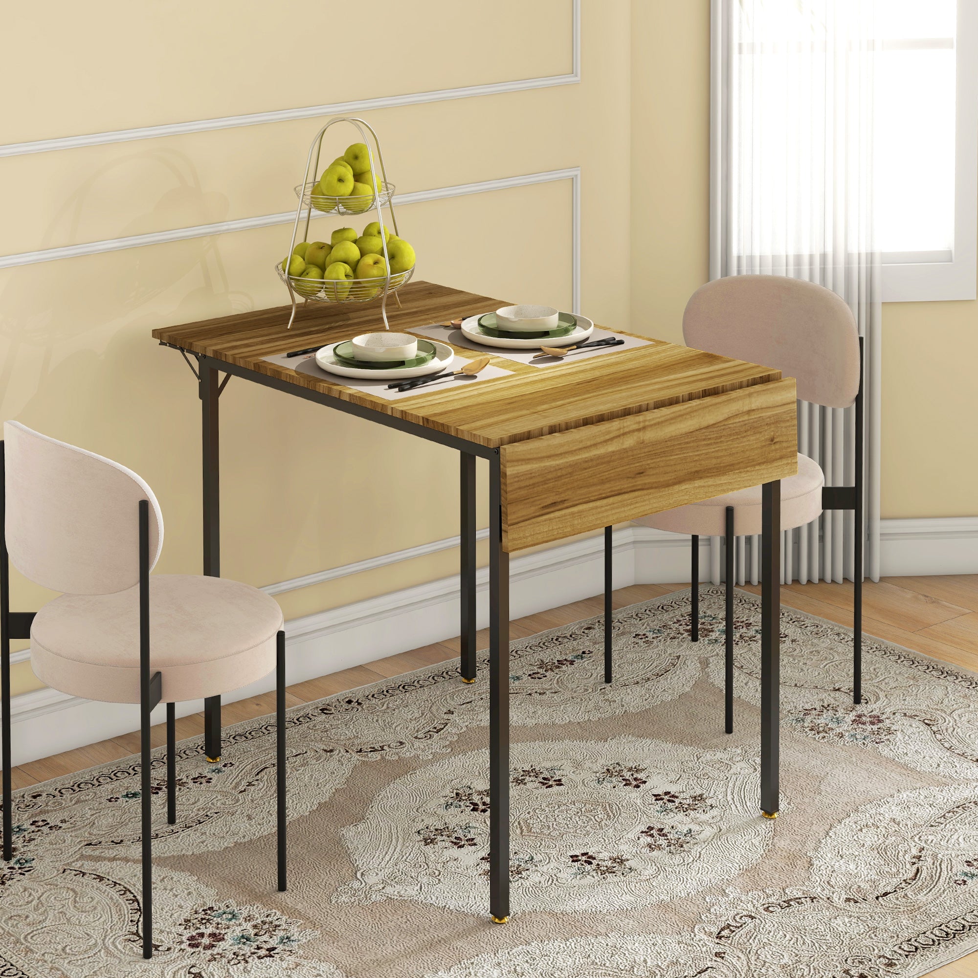 Folding Dining Table for 2 to 4 People, Industrial Drop Leaf Table for Small Space, Walnut