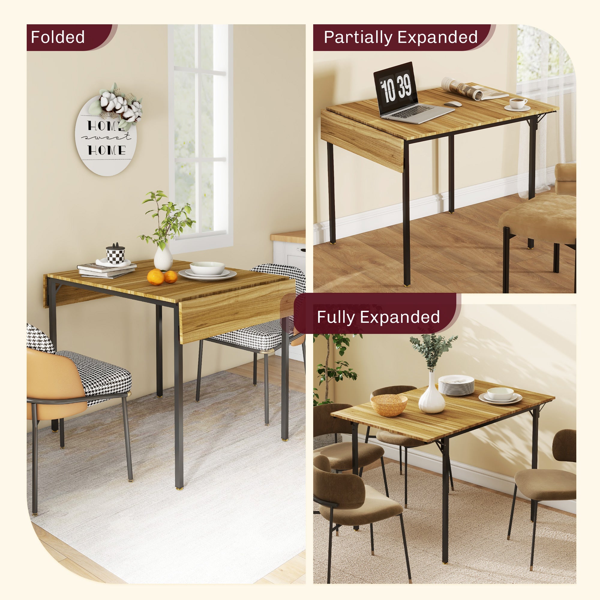 Folding Dining Table for 2 to 4 People, Industrial Drop Leaf Table for Small Space, Walnut
