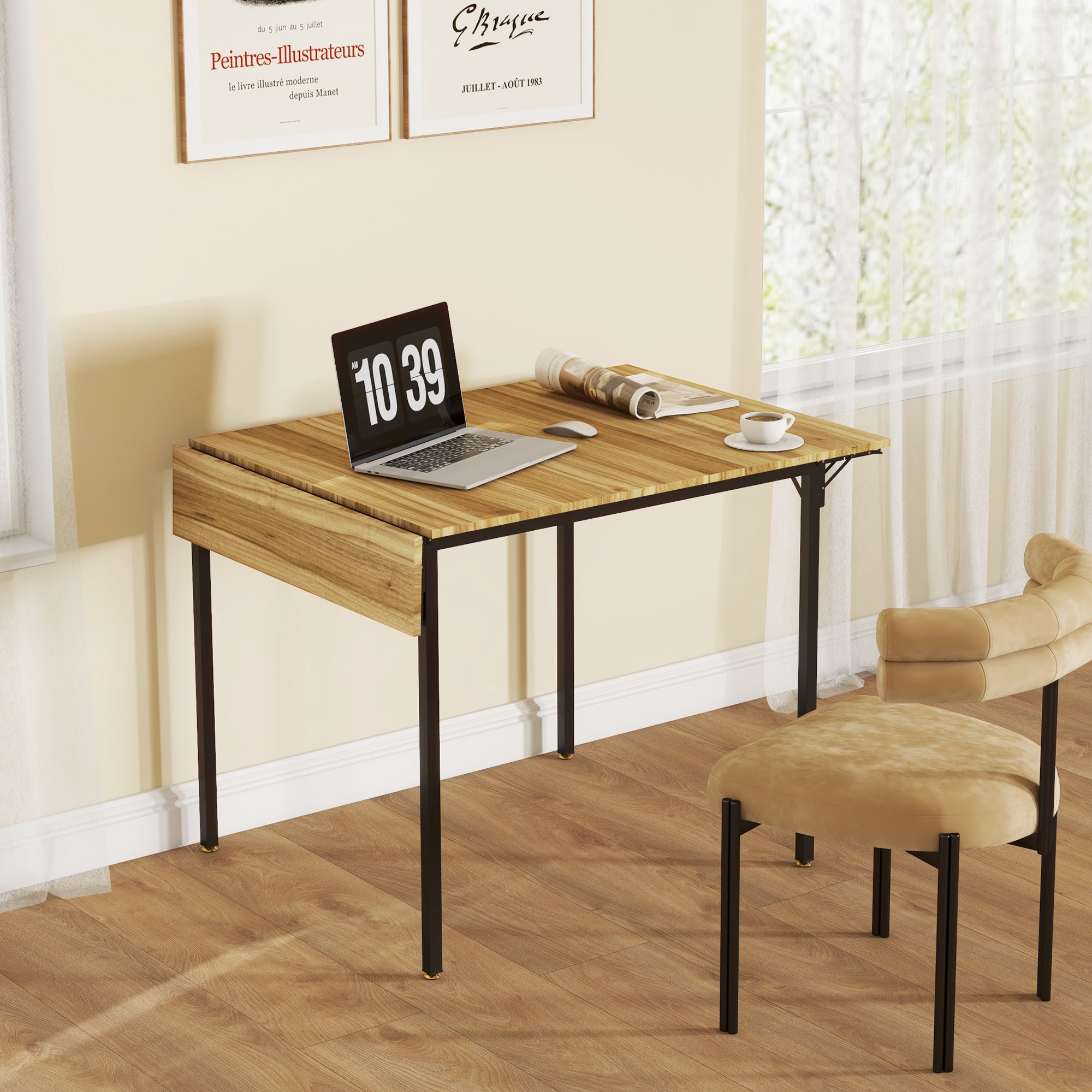 Folding Dining Table for 2 to 4 People, Industrial Drop Leaf Table for Small Space, Walnut