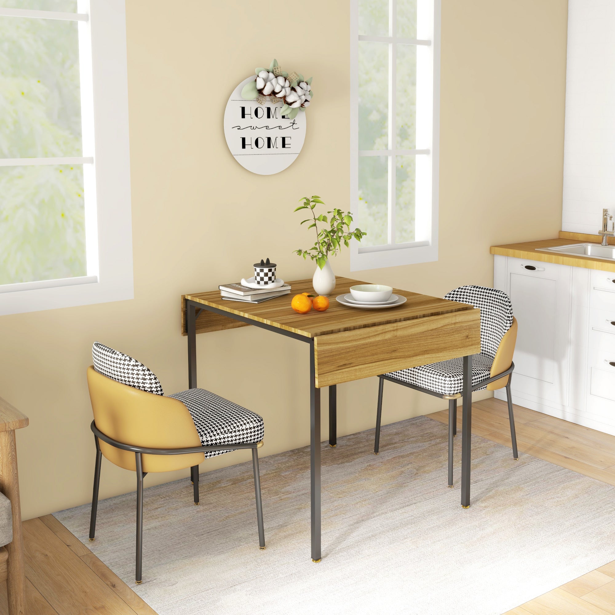 Folding Dining Table for 2 to 4 People, Industrial Drop Leaf Table for Small Space, Walnut