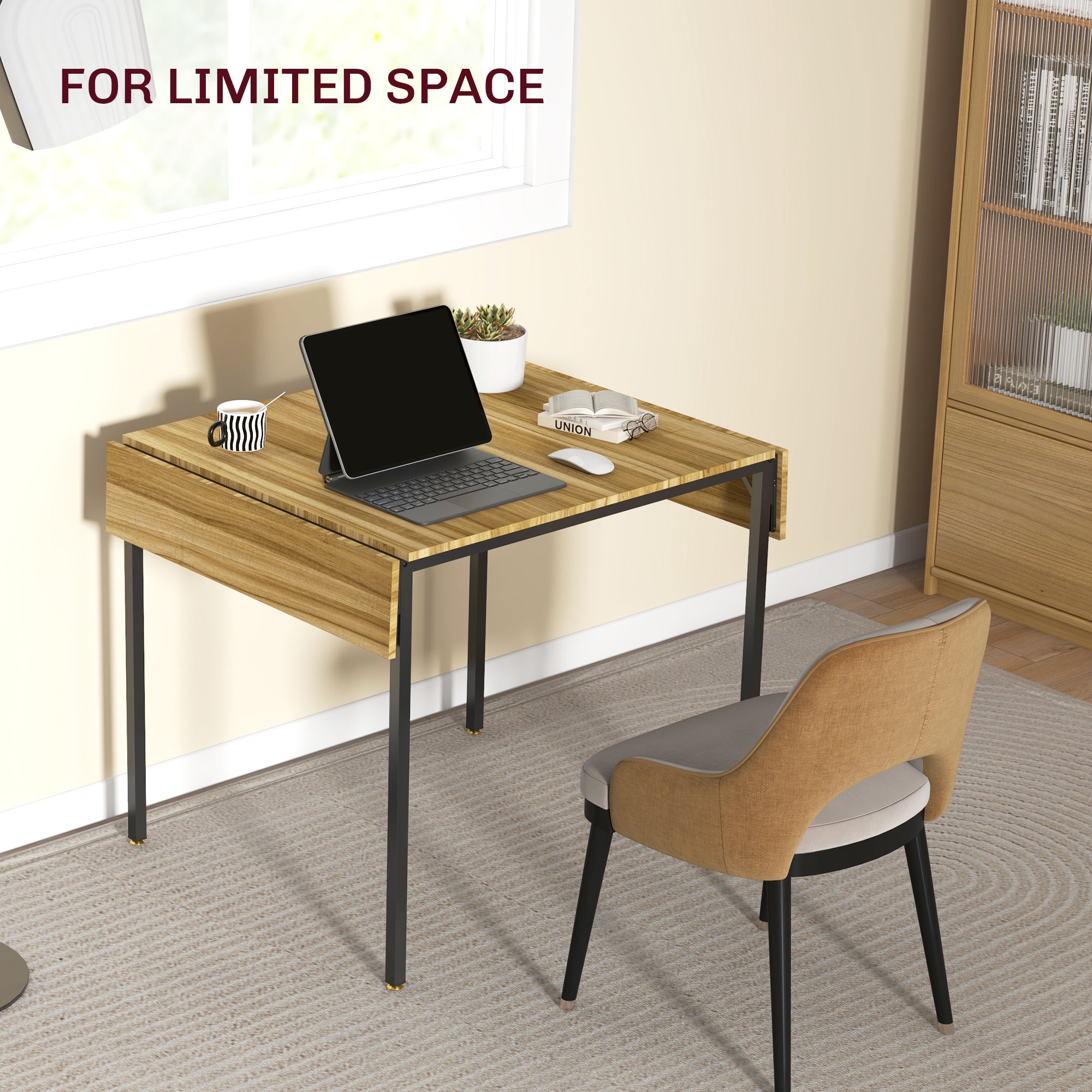Folding Dining Table for 2 to 4 People, Industrial Drop Leaf Table for Small Space, Walnut