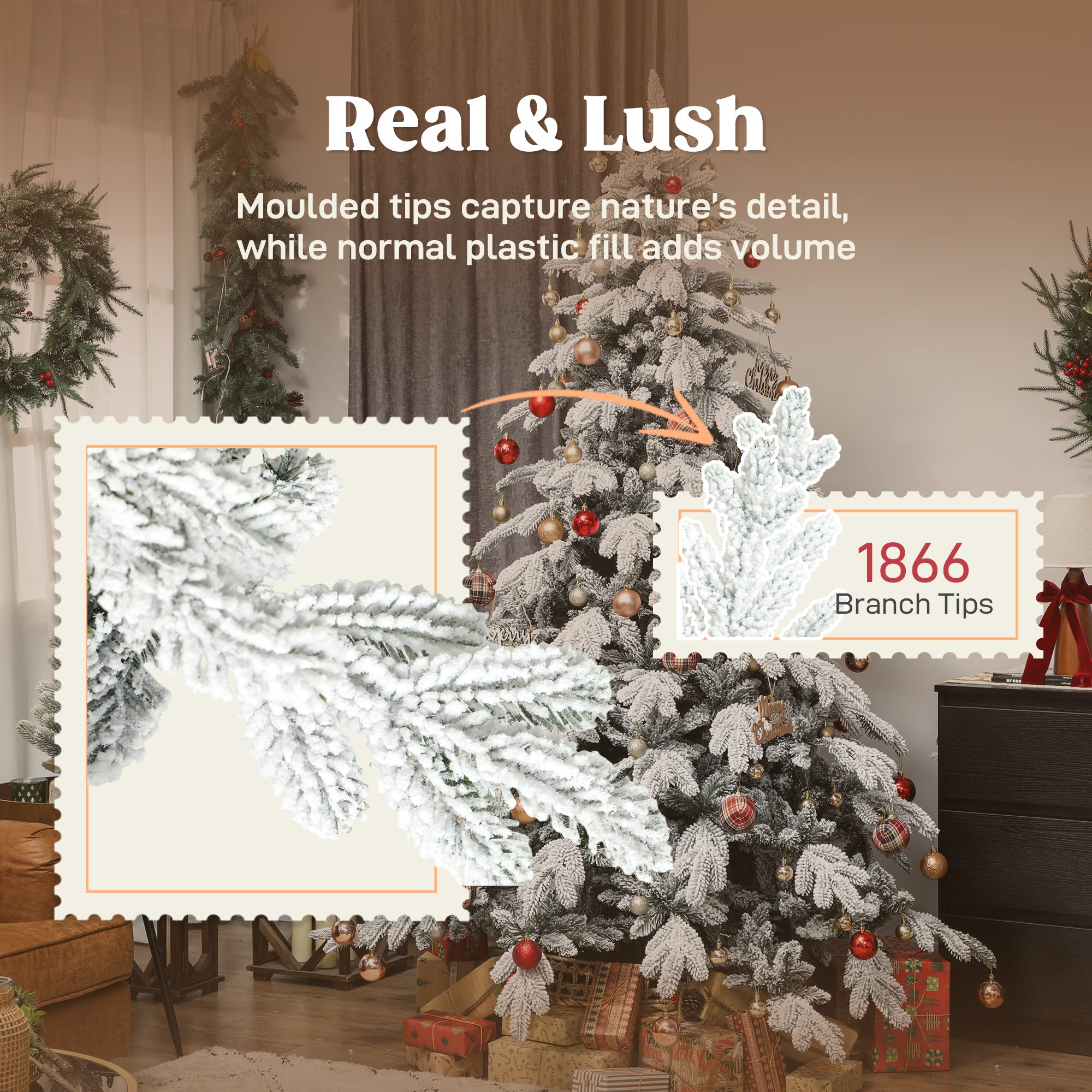 7ft Artificial Christmas Tree, Snow Flocked Christmas Tree with Realistic Dense Branches, Hinged Design, Metal Stand, Wide Shape, Easy Assembly, Xmas Home Decoration, Green White