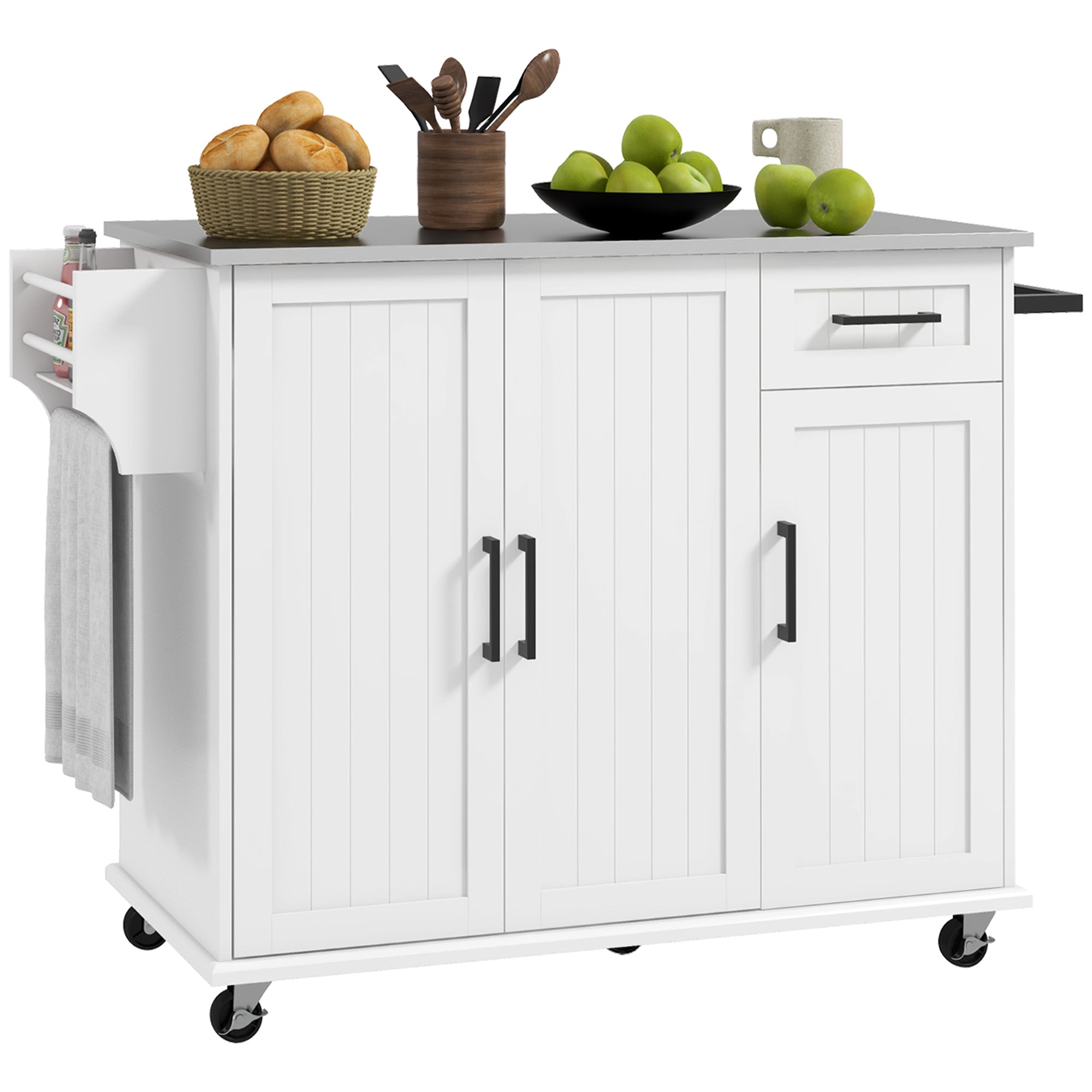 36" Rolling Kitchen Island w/ Steel Countertop, 3 Cabinets & Storage Racks, White
