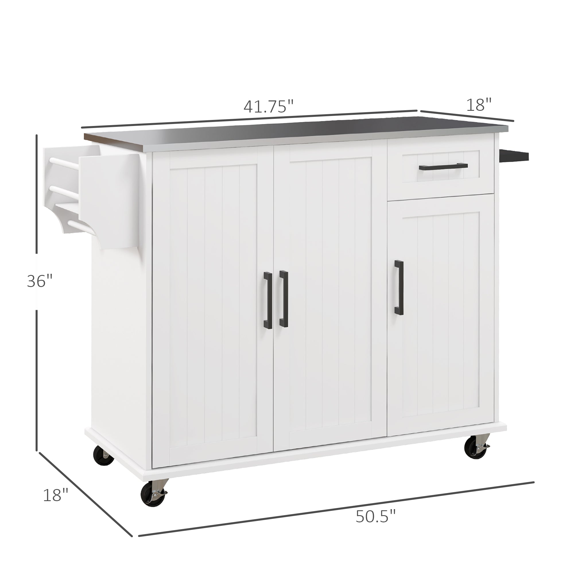 36" Rolling Kitchen Island w/ Steel Countertop, 3 Cabinets & Storage Racks, White