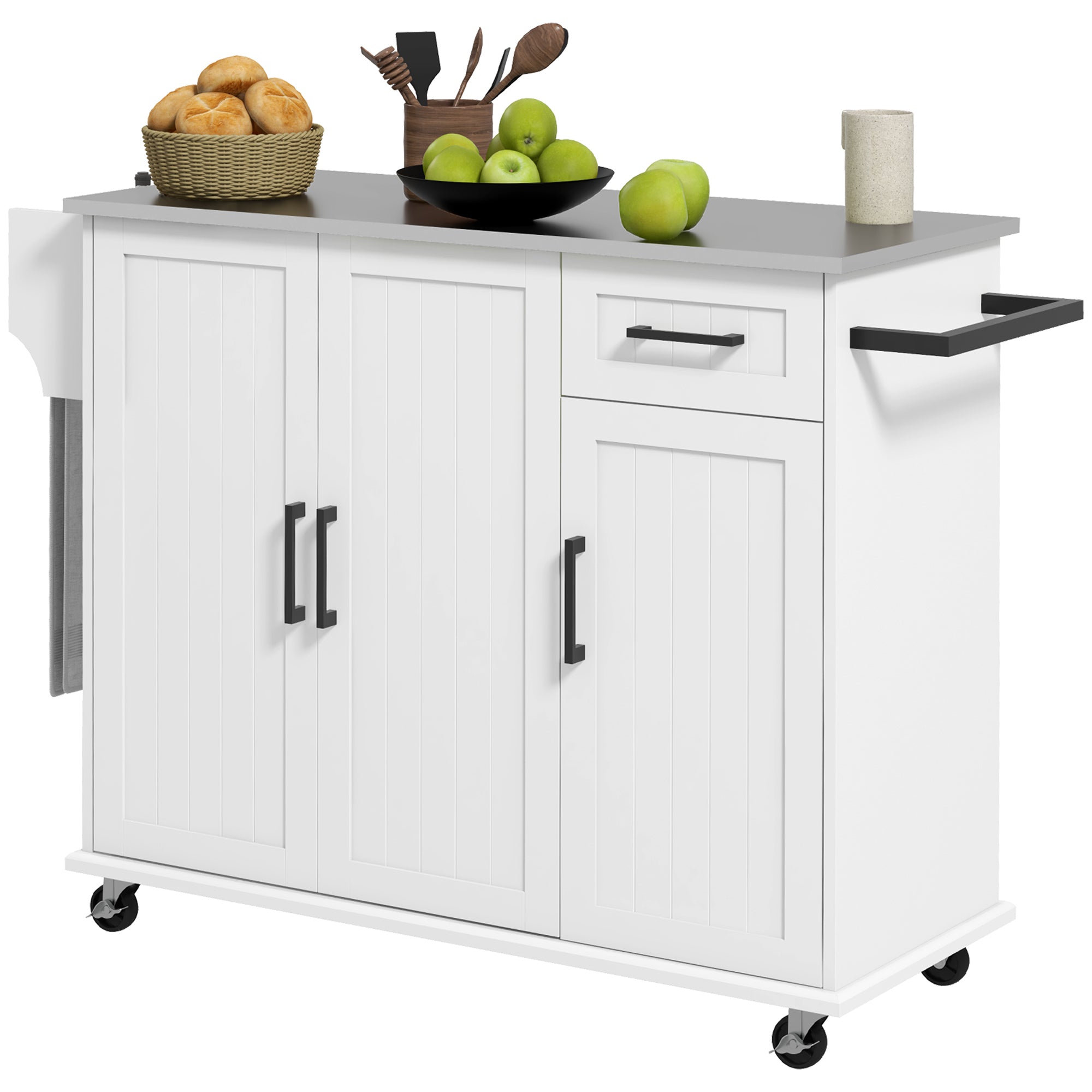 36" Rolling Kitchen Island w/ Steel Countertop, 3 Cabinets & Storage Racks, White