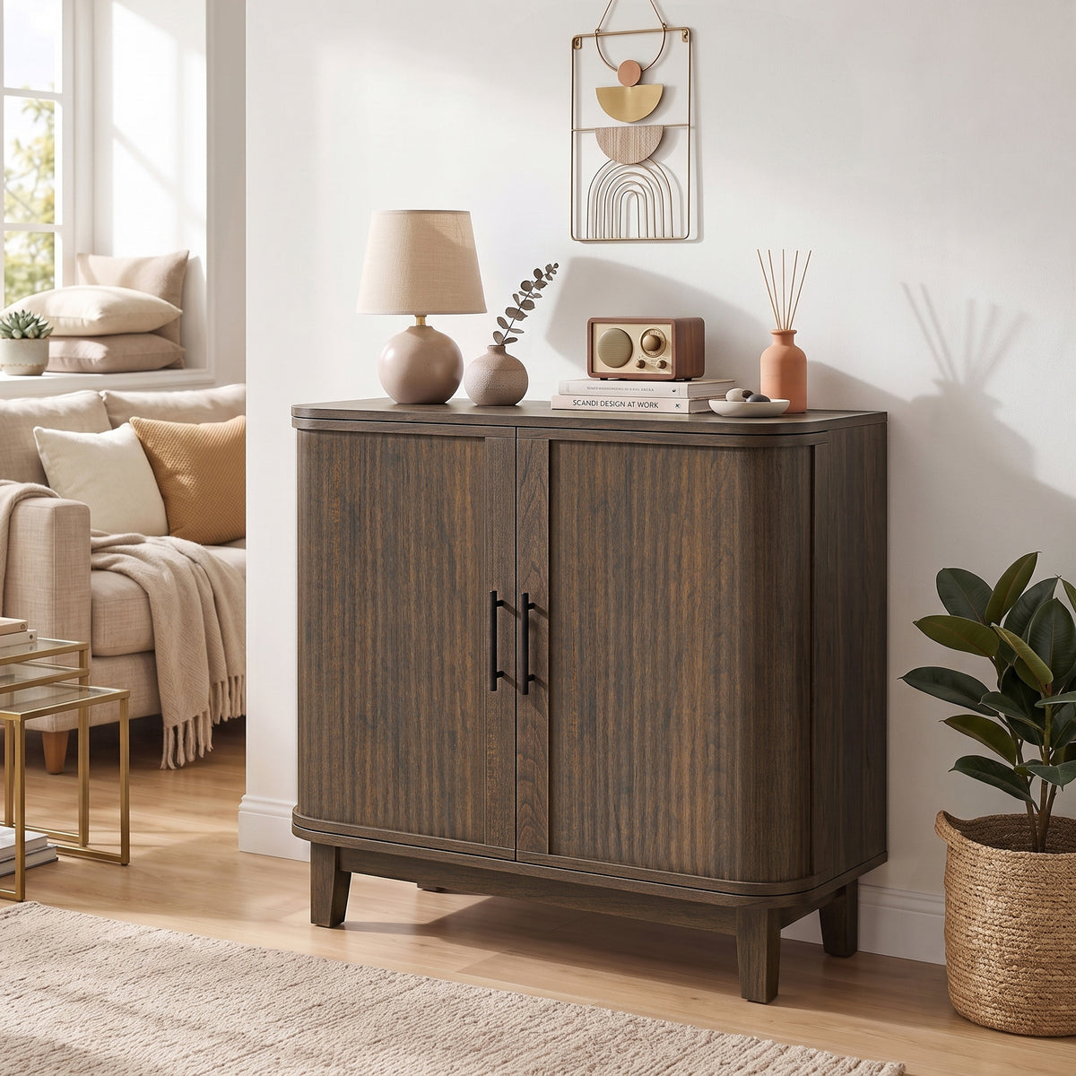 80cm Sideboard Buffet Cabinet, Modern Storage Cabinet with 2 Curved Doors, Adjustable Shelf and Legs for Dining Room, Hallway, Dark Walnut