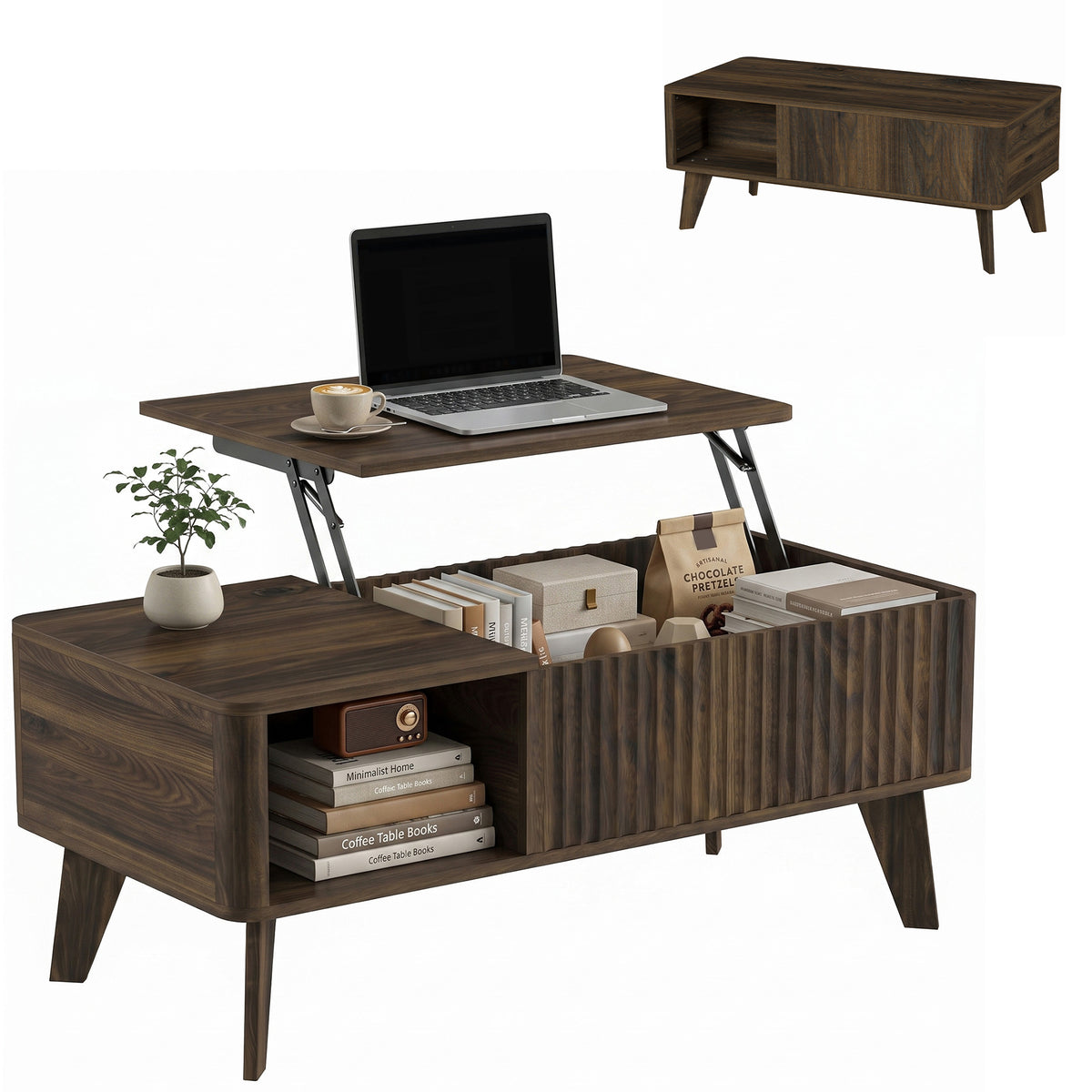 40" Fluted Lift Top Coffee Table with Storage, Mid-Century Modern Coffee Table with Hidden Compartment, Open Shelf and Rounded Corners for Living Room, Walnut