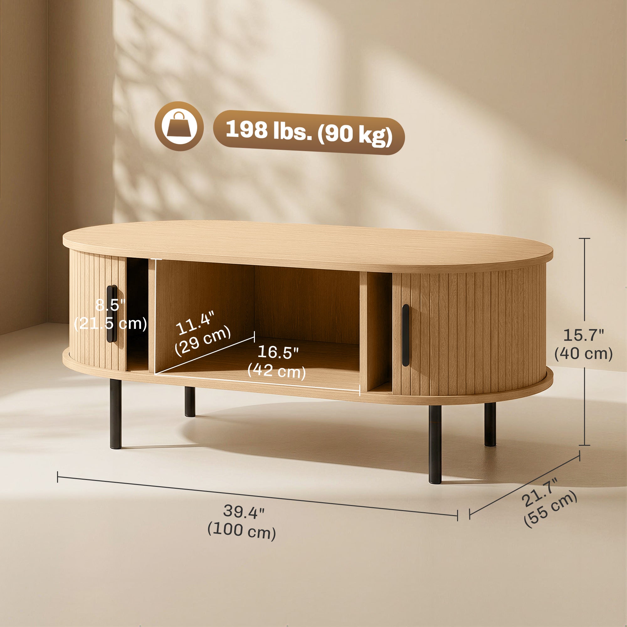 Mid-Century Modern Coffee Table, Center Table for Living Room with Storage, Sliding Tambour Doors, Rounded Edges and Metal Legs, Natural Wood Effect