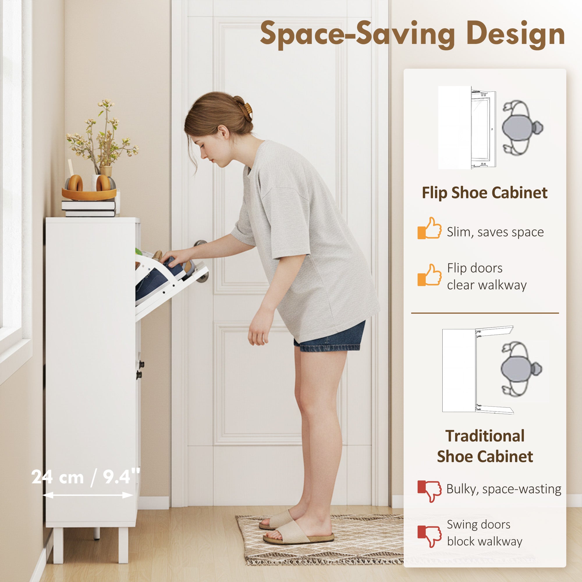 Shoe Cabinet with 4 Flip Drawers, Freestanding Narrow Shoe Storage Cabinet with Adjustable Shelves, Open Back, Bamboo Legs for Entryway, Hallway, Holds 16-20 Pairs, White