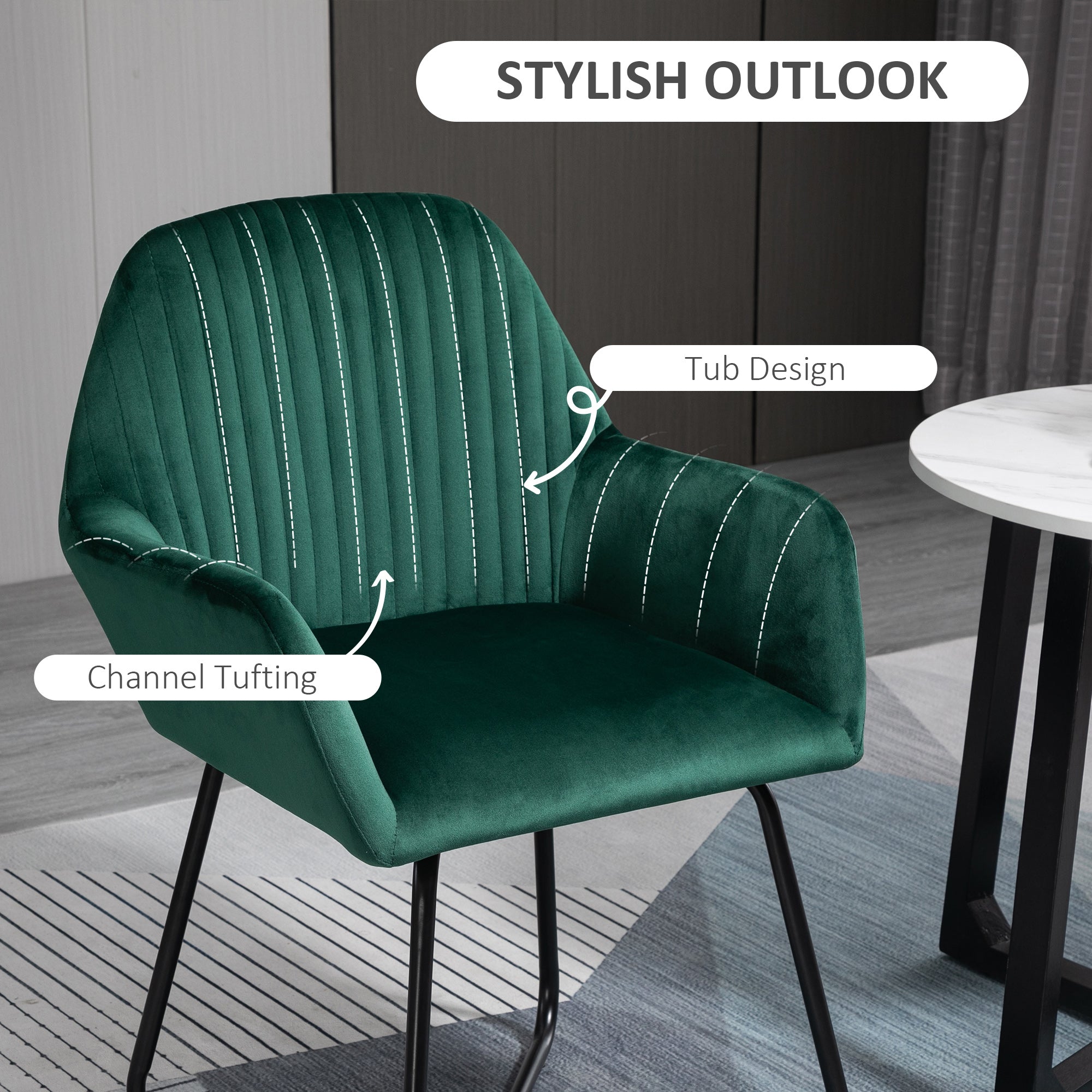 HOMCOM Modern Accent Chair, Velvet-Feel Fabric Upholstered Armchair with Metal Base for Living Room, Green