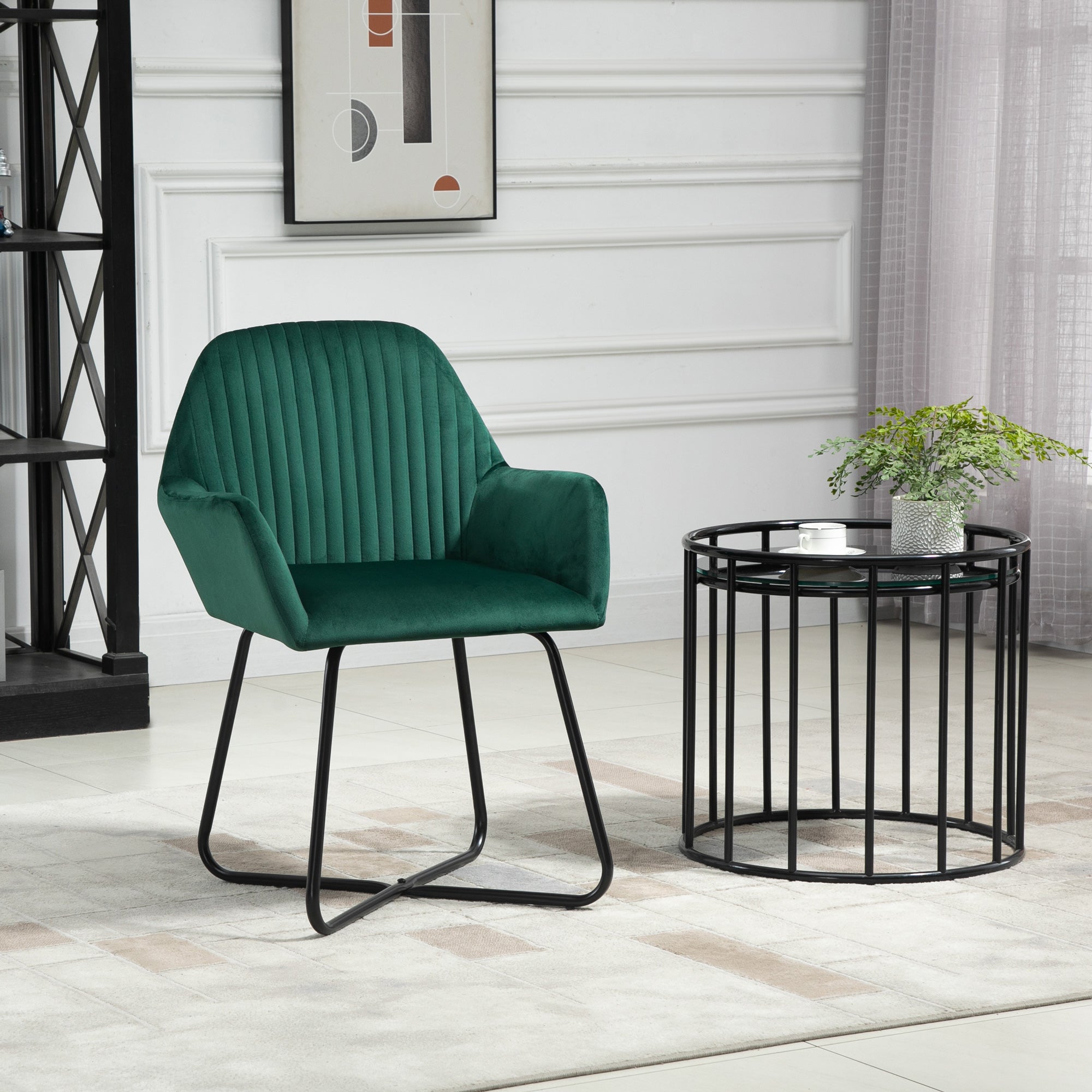 HOMCOM Modern Accent Chair, Velvet-Feel Fabric Upholstered Armchair with Metal Base for Living Room, Green
