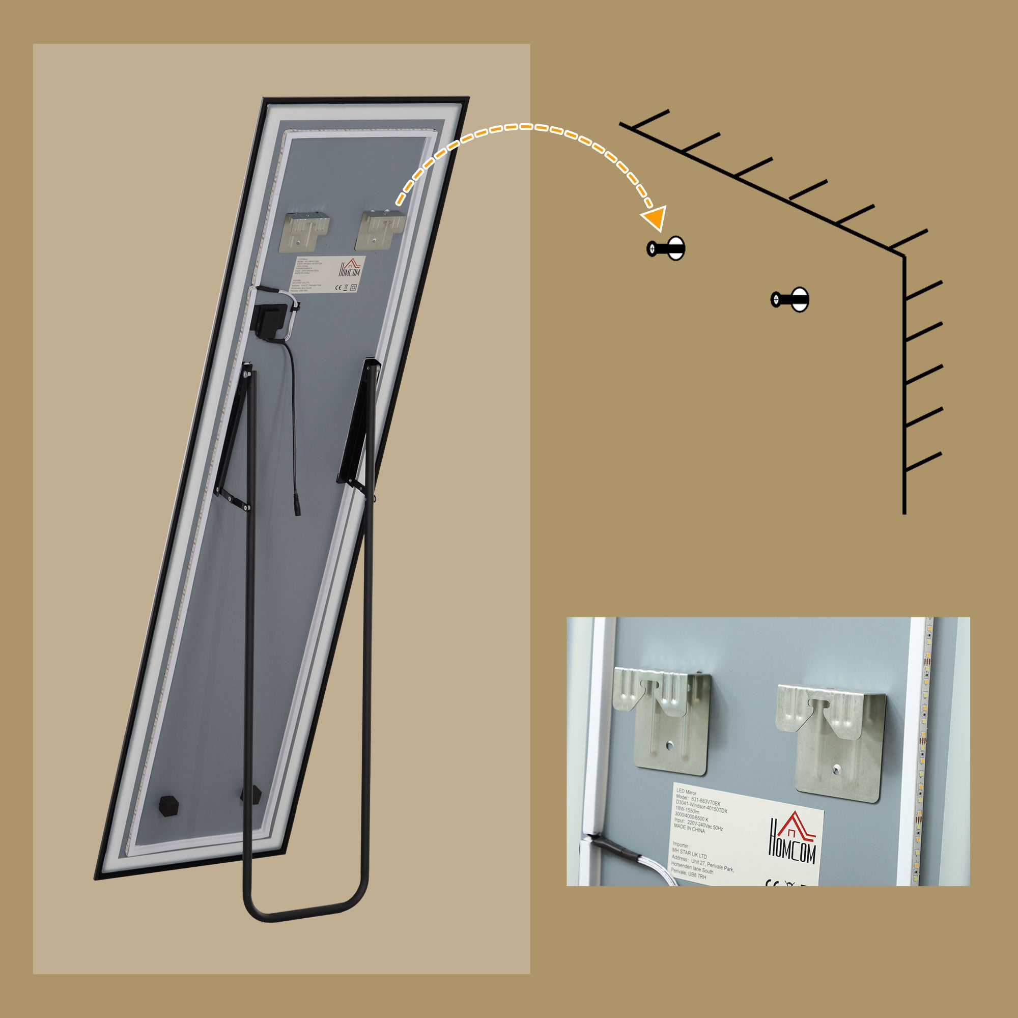 HOMCOM Full Length Mirror with LED Lights, 150 x 40cm Free Standing Mirror with Dimming and 3 Colour Lighting, Leaning or Wall Mirror with Metal Frame for Living Room, Bedroom, Black