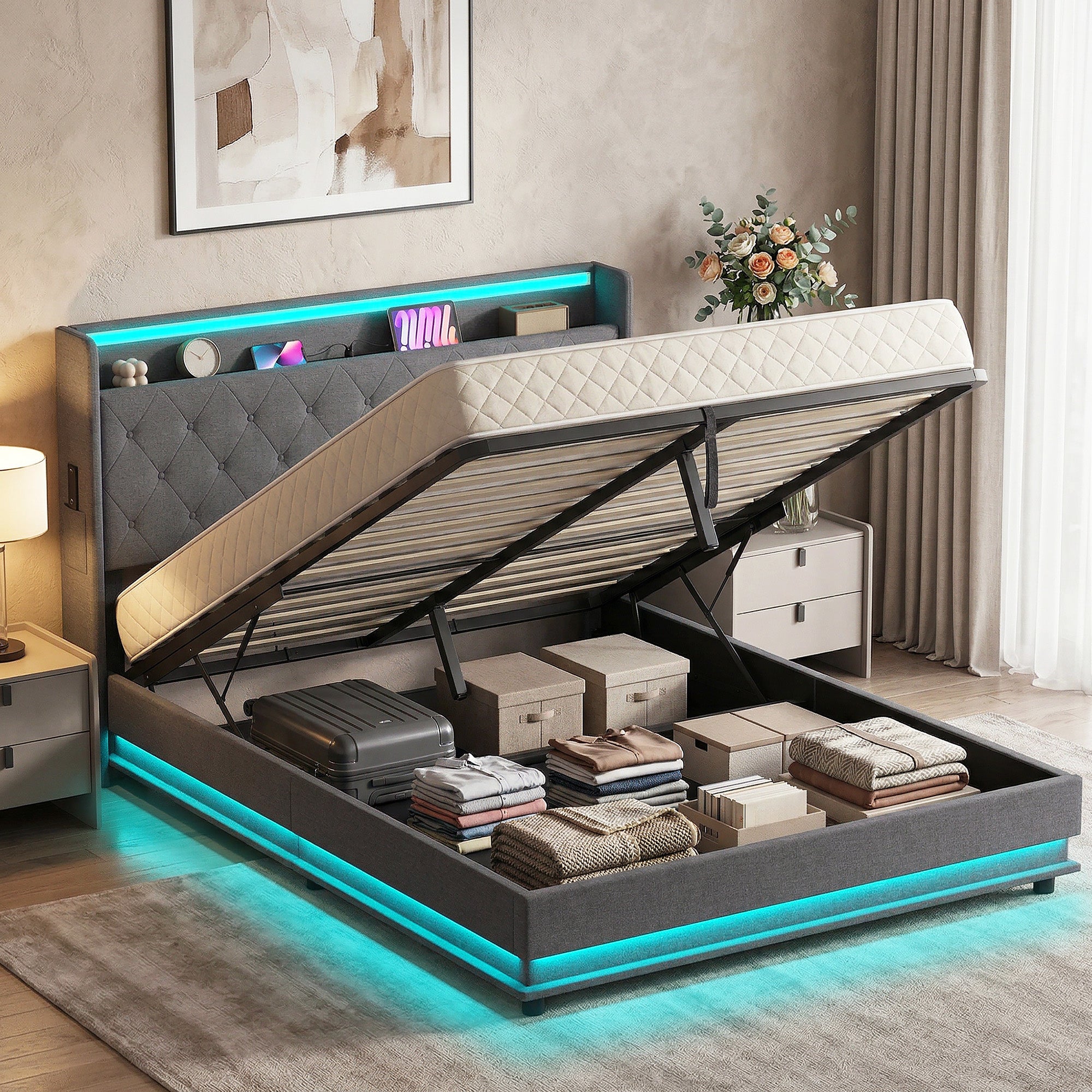 5ft King Ottoman Bed Frame with Hydraulic Storage, APP Control LED Lights and Charging Station, Upholstered Lift Up Storage Bed Frame with Headboard, No Box Spring Needed, Dark Grey
