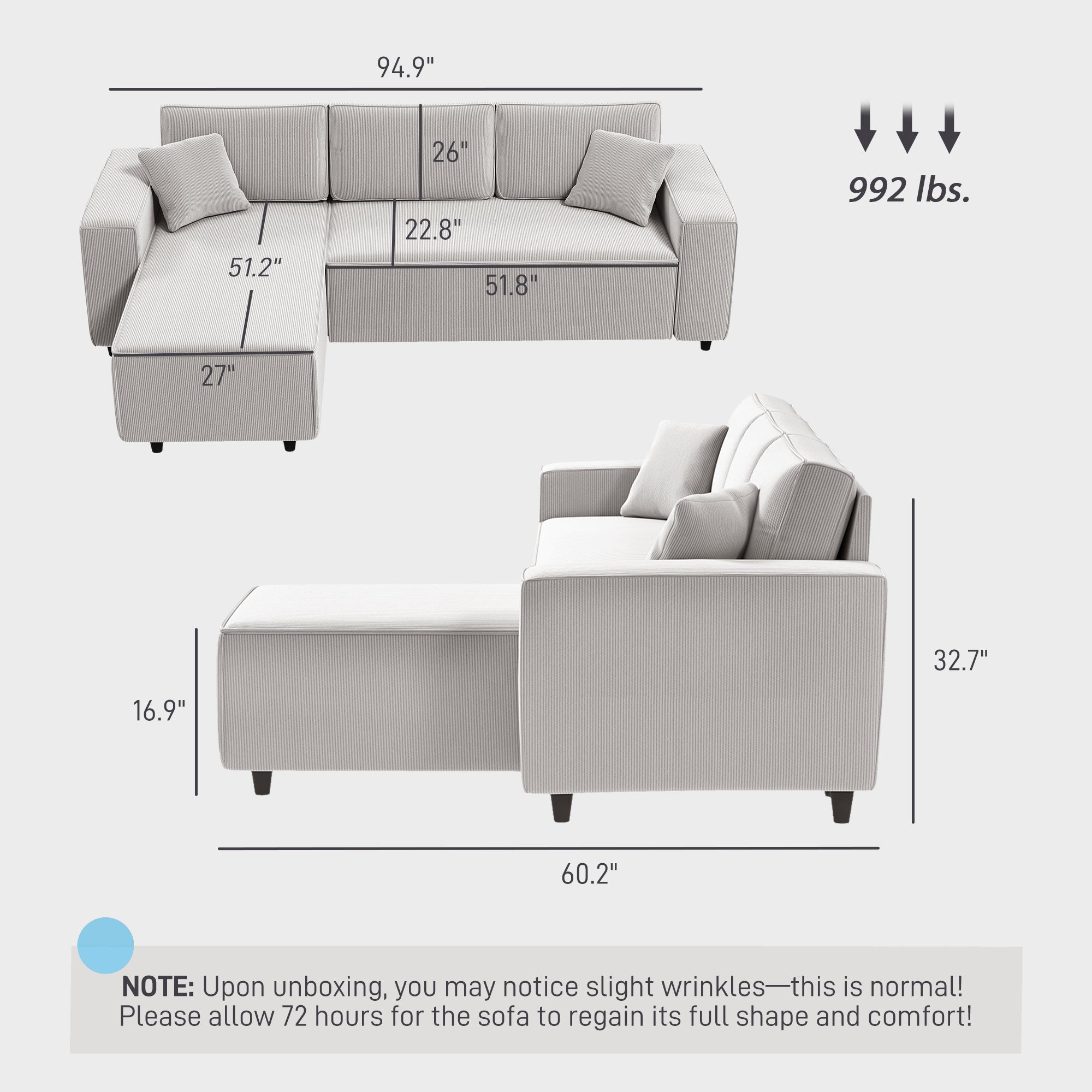 95" Sectional Sofa with Reversible Chaise Lounge, L-Shaped Corner Sofa with Corduroy Fabric, Pocket Spring, 2 Pillows, Wide Arm, Thick Padded, 3 Seat Couch for Living Room, Light Gray