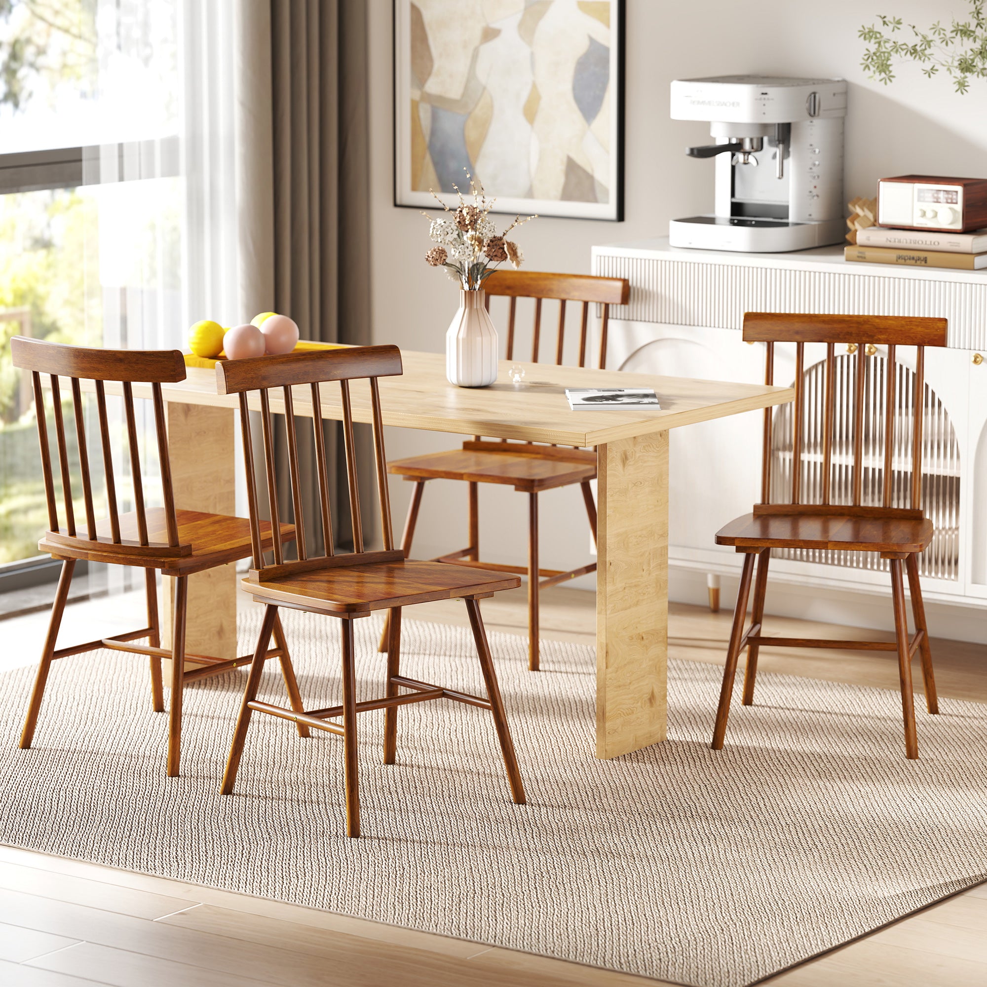 Windsor Dining Chairs Set of 4, Farmhouse Wooden Kitchen Chairs with Rubber Wood Frame and Spindle Backrest for Dining & Living Room, Light Brown