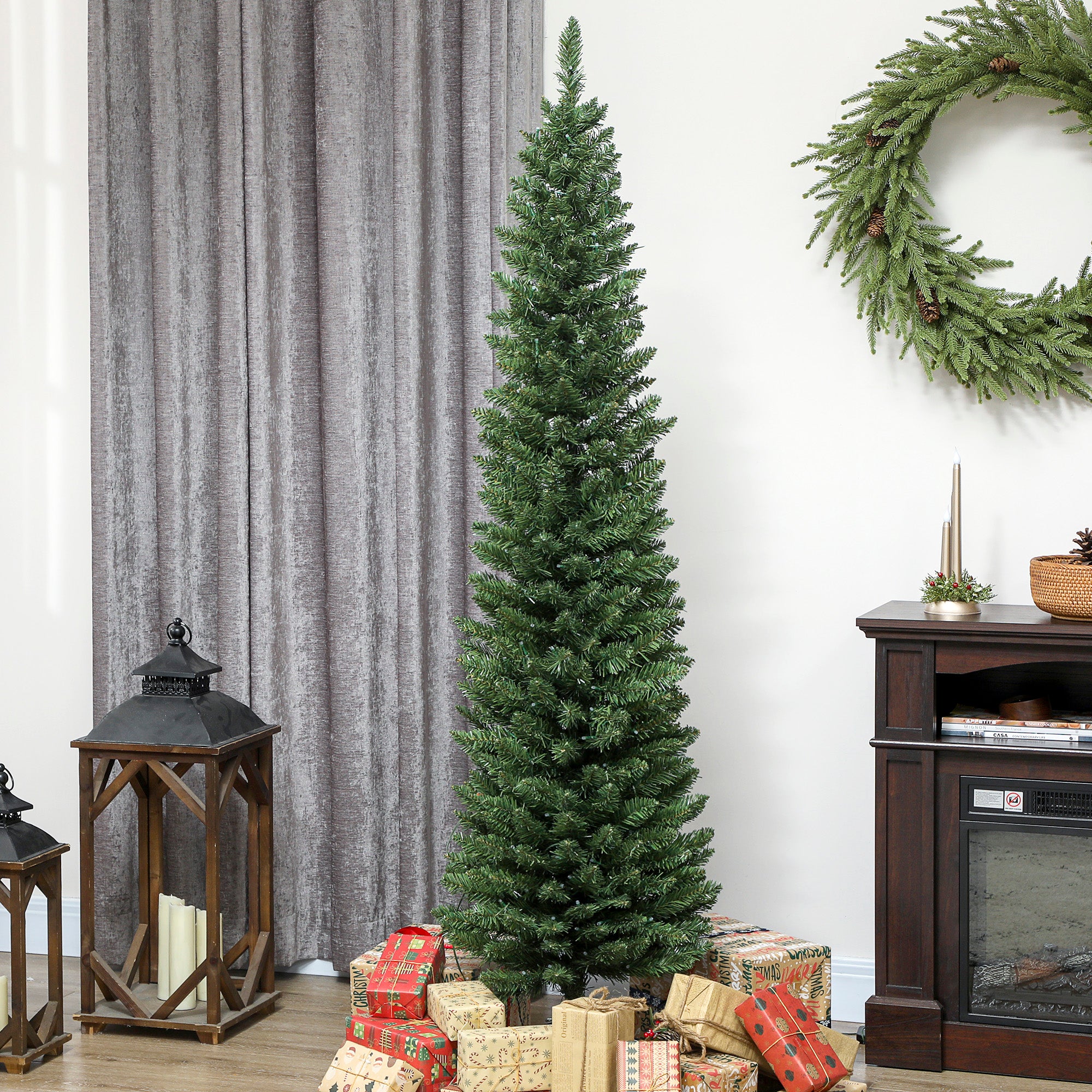 6ft Prelit Christmas Tree with Colourful DIY Synchronized LED Lights, Hinged Pencil Xmas Tree with Remote, 12 Modes, Daily Timer, Adjustable Brightness and Speed, Green