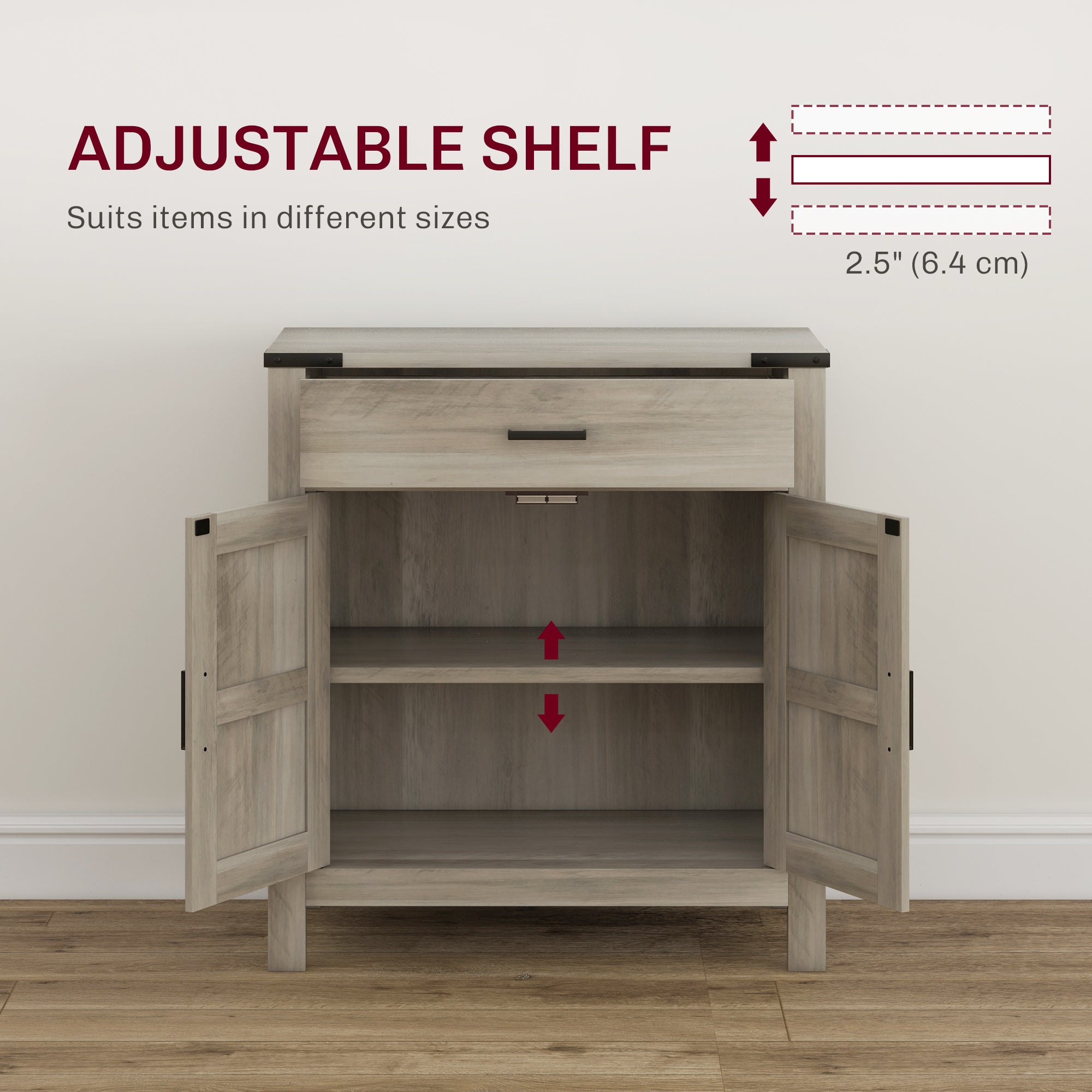 HOMCOM Sideboard with 1 Drawer 1 Storage Cabinet, Buffet Cabinet with Barn-style Doors and Adjustable Shelf, Farmhouse Kitchen Cabinet, Grey