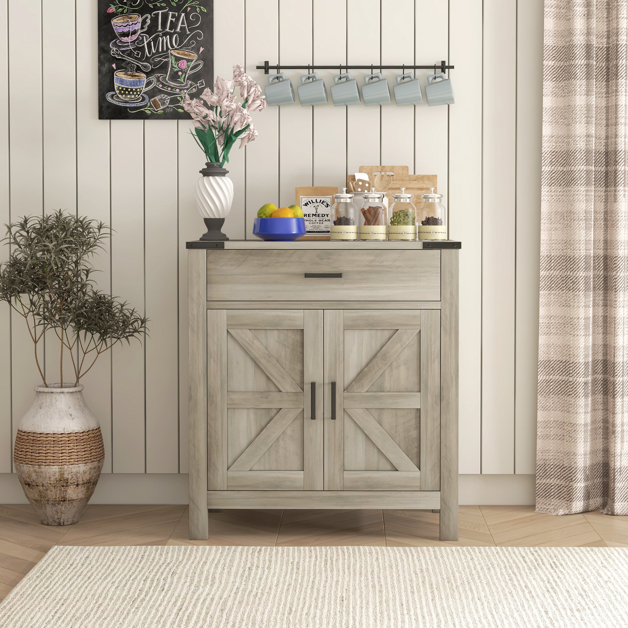 HOMCOM Sideboard with 1 Drawer 1 Storage Cabinet, Buffet Cabinet with Barn-style Doors and Adjustable Shelf, Farmhouse Kitchen Cabinet, Grey