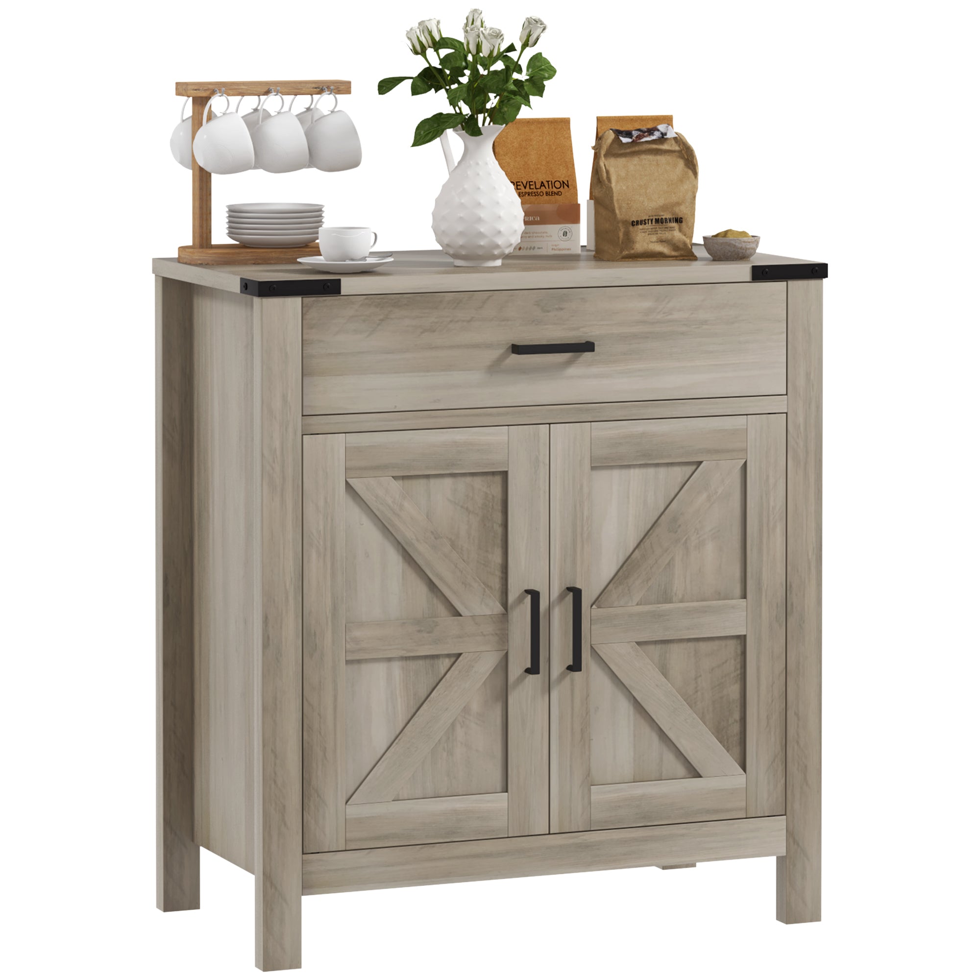 HOMCOM Sideboard with 1 Drawer 1 Storage Cabinet, Buffet Cabinet with Barn-style Doors and Adjustable Shelf, Farmhouse Kitchen Cabinet, Grey