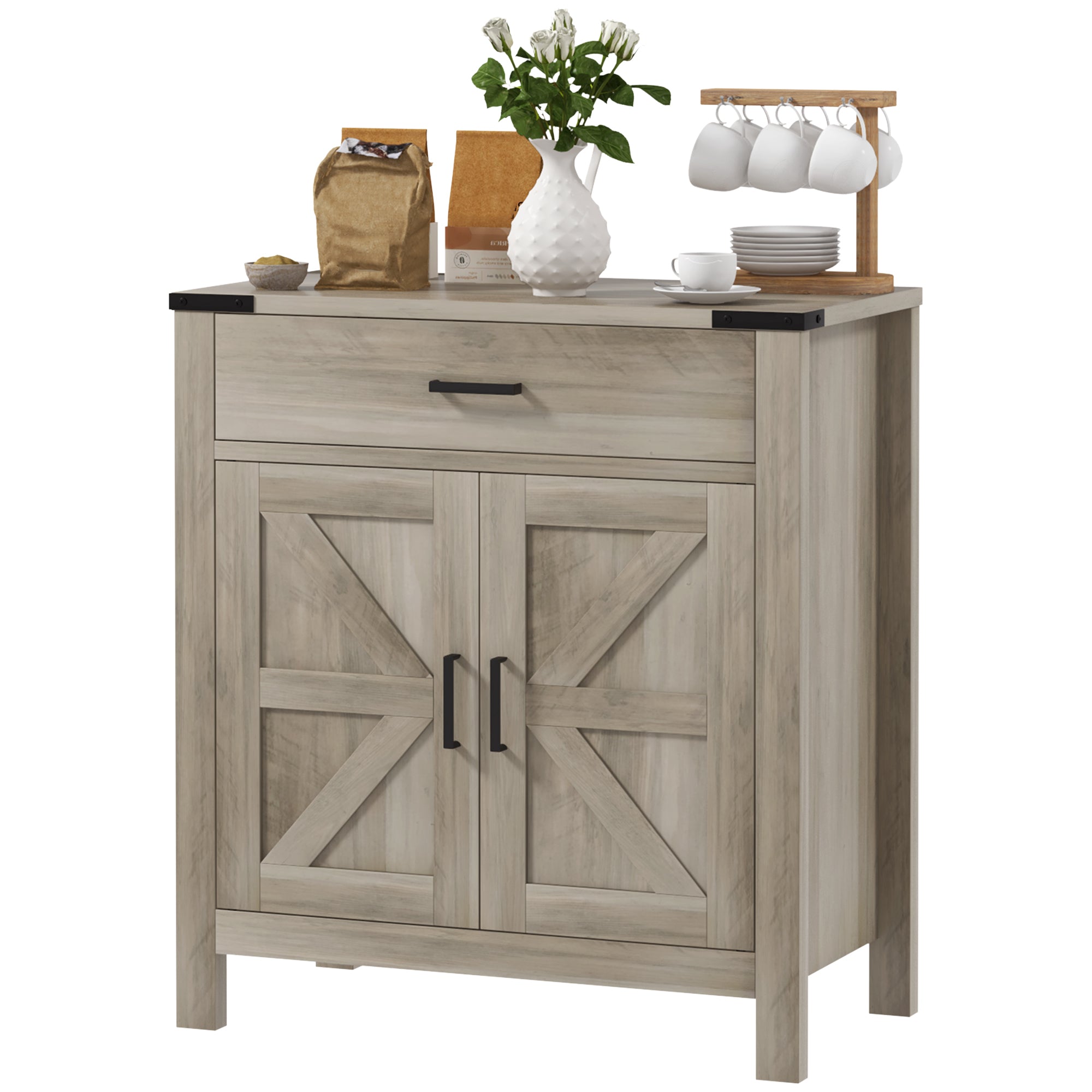 HOMCOM Sideboard with 1 Drawer 1 Storage Cabinet, Buffet Cabinet with Barn-style Doors and Adjustable Shelf, Farmhouse Kitchen Cabinet, Grey