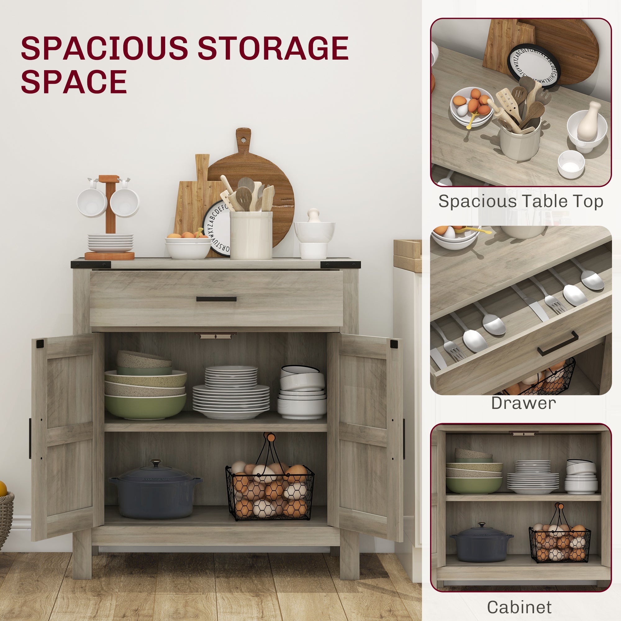 HOMCOM Sideboard with 1 Drawer 1 Storage Cabinet, Buffet Cabinet with Barn-style Doors and Adjustable Shelf, Farmhouse Kitchen Cabinet, Grey