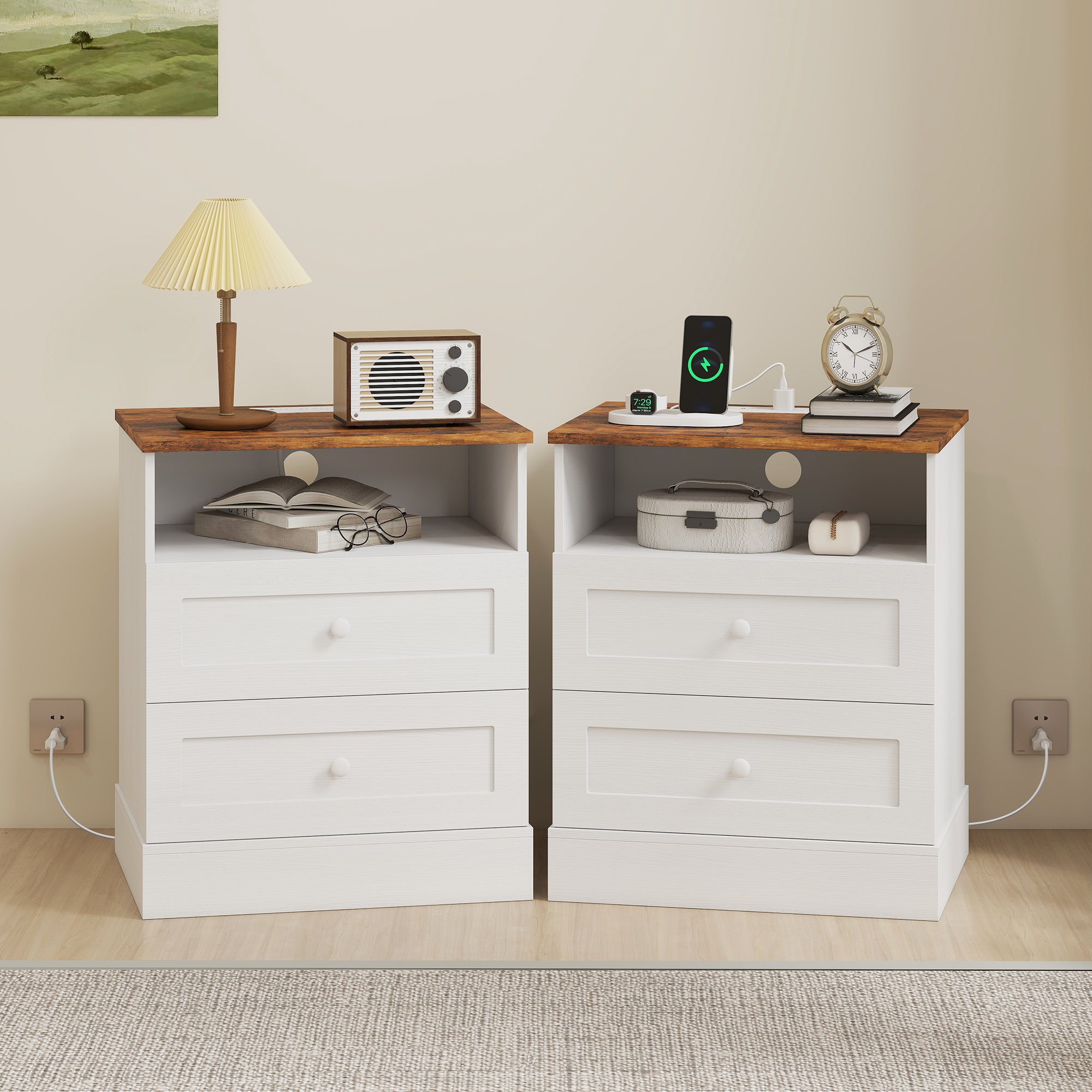 Modern Nightstands Set of 2, Bedside Table with Charging Station, 2 Drawers and Open Shelf, Side End Table for Bedroom, White and Oak