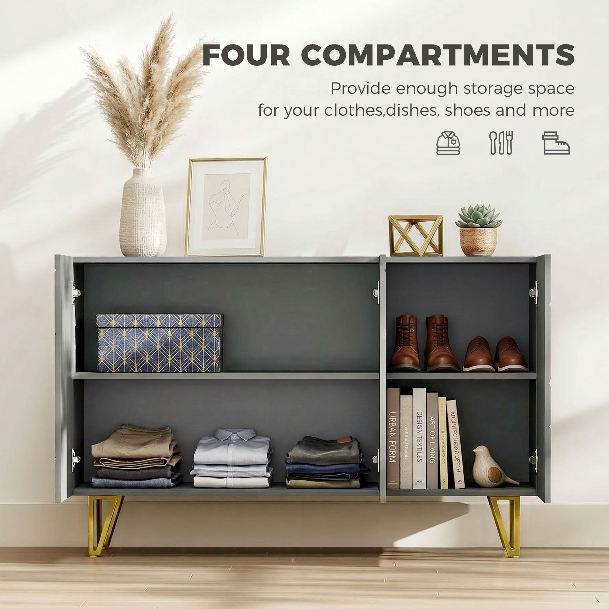 Storage Cabinet with High Gloss, Freestanding Sideboard with Adjustable Shelves, Soft-Close Doors and Gold Tone Hairpin Legs for Living Room, Dining Room, Hallway, Grey