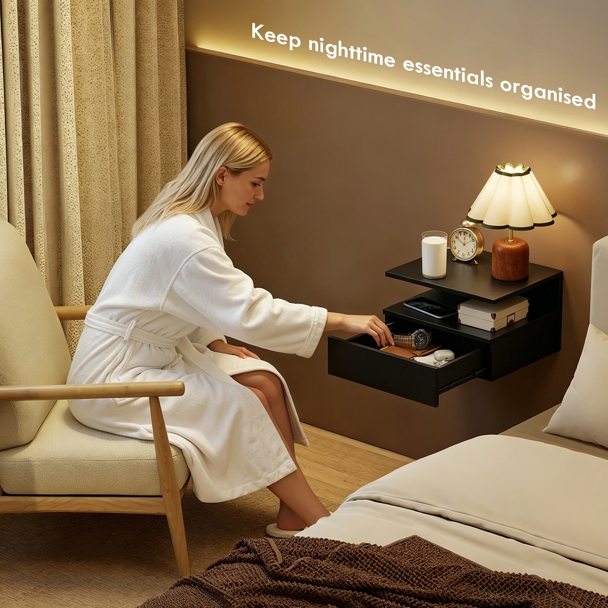 Floating Nightstand Set of 2, Wall Mounted Bedside Table with Power Outlets, Drawer and Open Shelf, Small Night Stand for Bedroom, Black