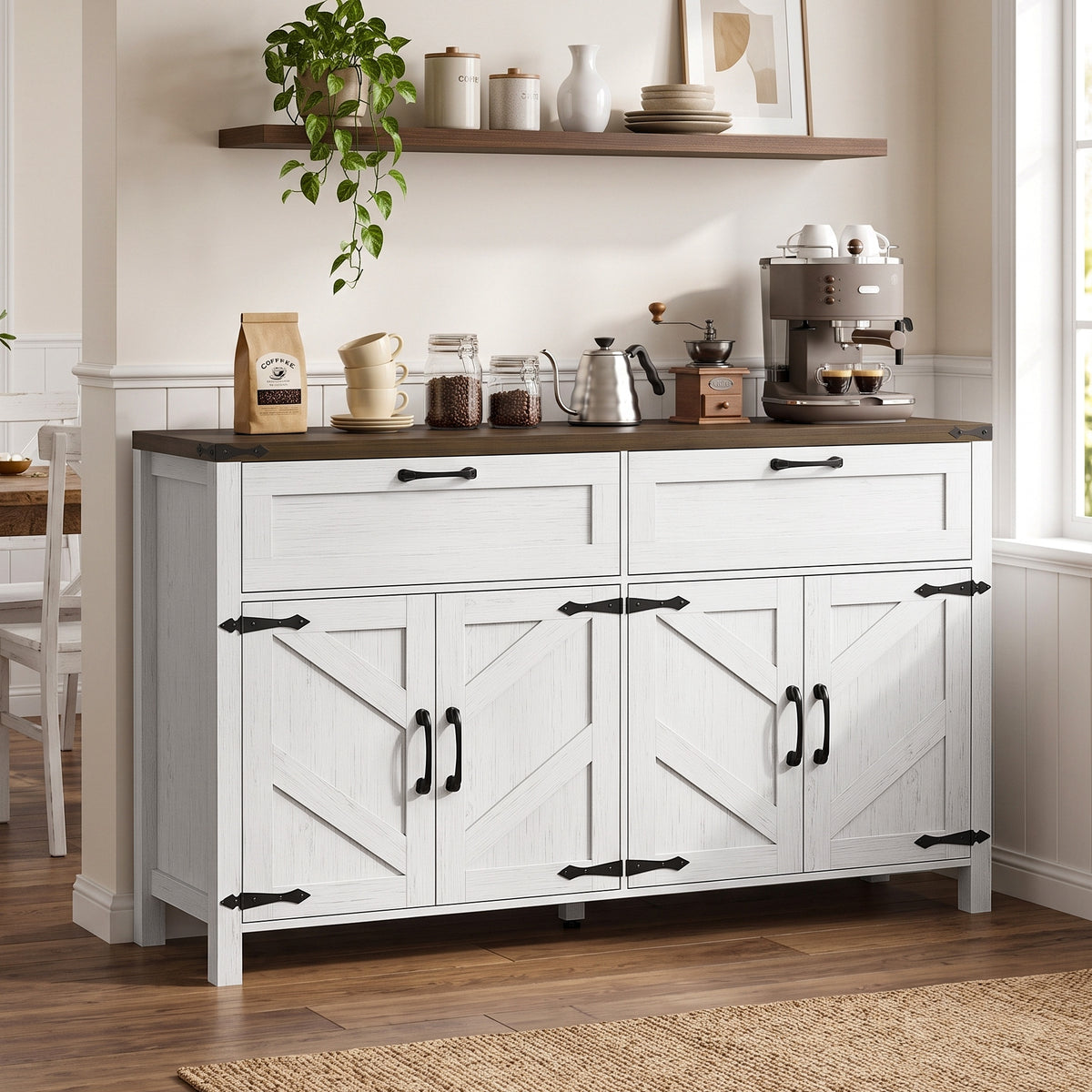 Sideboard Buffet Cabinet with Storage, 55" Large Farmhouse Kitchen Storage Cabinet with 2 Drawers and 4 Doors, Coffee Bar Station with Adjustable Shelves