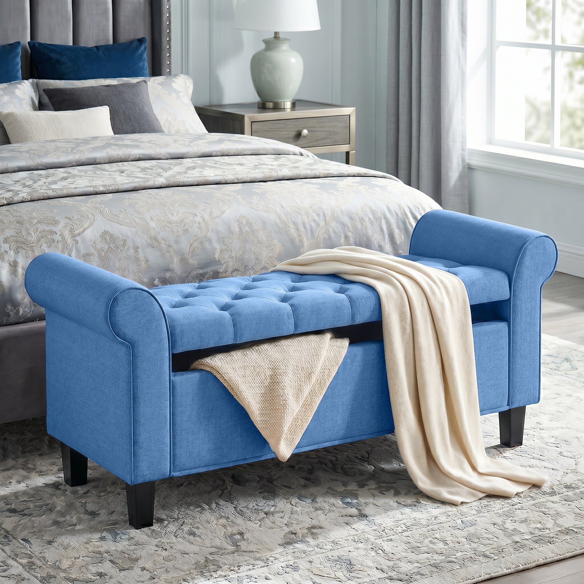 47" Storage Ottoman Bench, Tufted Long Ottoman with Storage Chest, Rolled Arms, Safety Hinge, Wooden Legs, Upholstered End of Bed Bench, 528 lbs for Bedroom, Entryway, Living Room, Blue