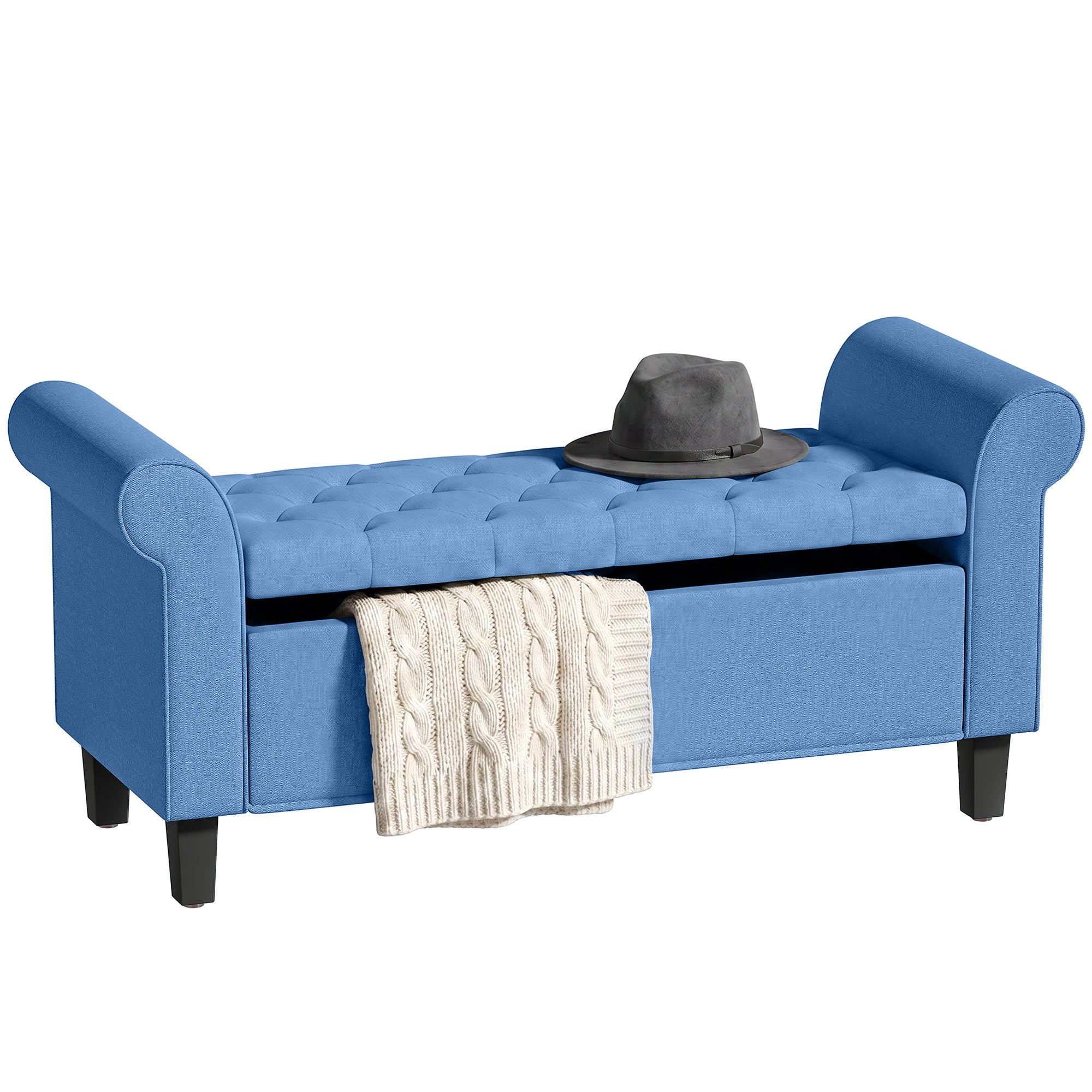 47" Storage Ottoman Bench, Tufted Long Ottoman with Storage Chest, Rolled Arms, Safety Hinge, Wooden Legs, Upholstered End of Bed Bench, 528 lbs for Bedroom, Entryway, Living Room, Blue