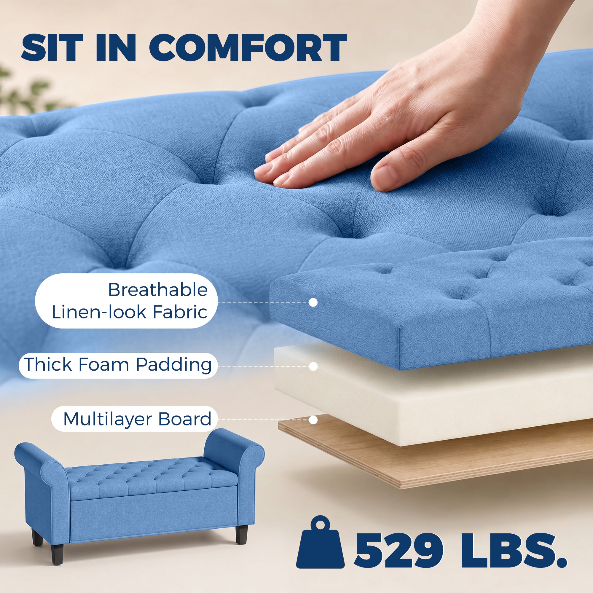 47" Storage Ottoman Bench, Tufted Long Ottoman with Storage Chest, Rolled Arms, Safety Hinge, Wooden Legs, Upholstered End of Bed Bench, 528 lbs for Bedroom, Entryway, Living Room, Blue