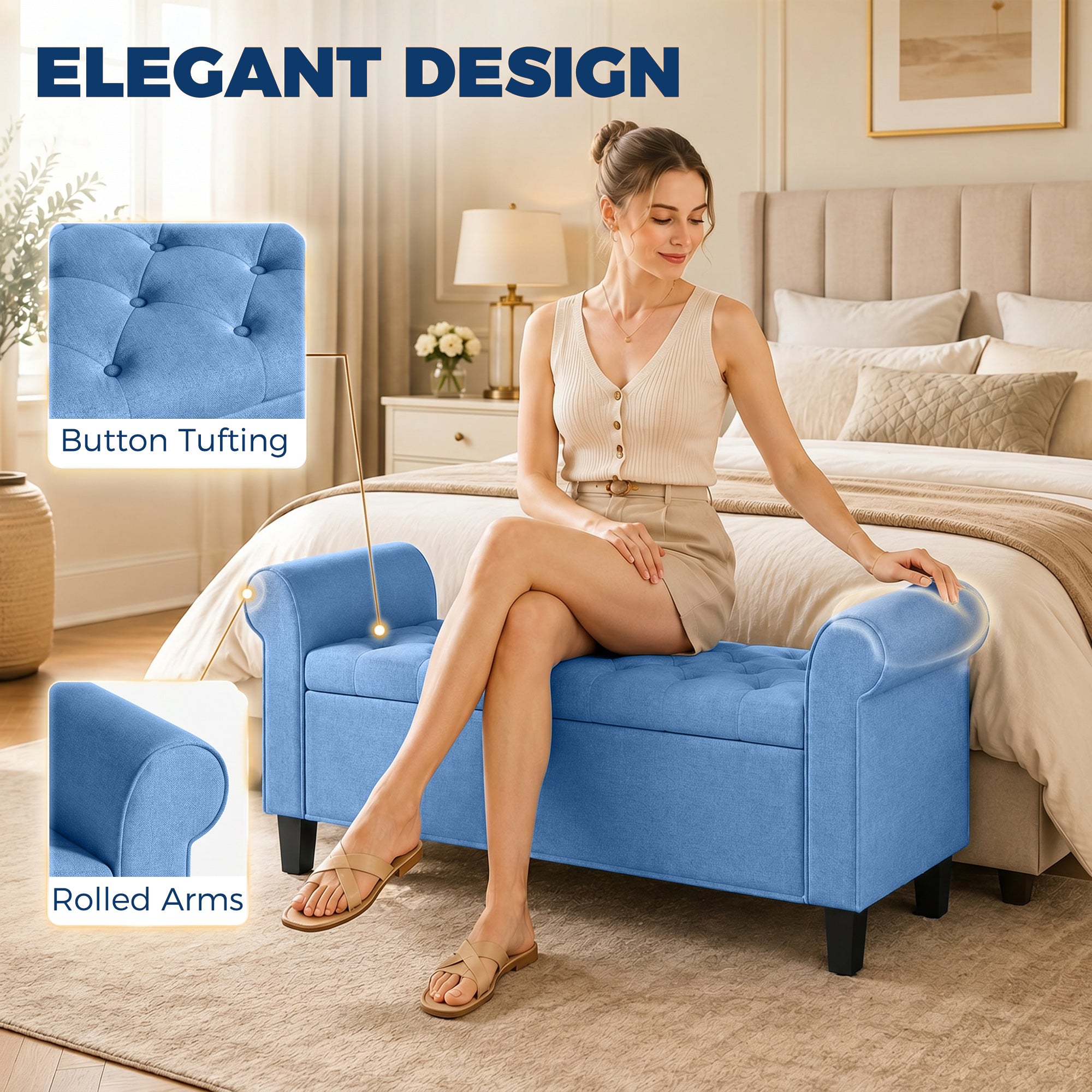 47" Storage Ottoman Bench, Tufted Long Ottoman with Storage Chest, Rolled Arms, Safety Hinge, Wooden Legs, Upholstered End of Bed Bench, 528 lbs for Bedroom, Entryway, Living Room, Blue